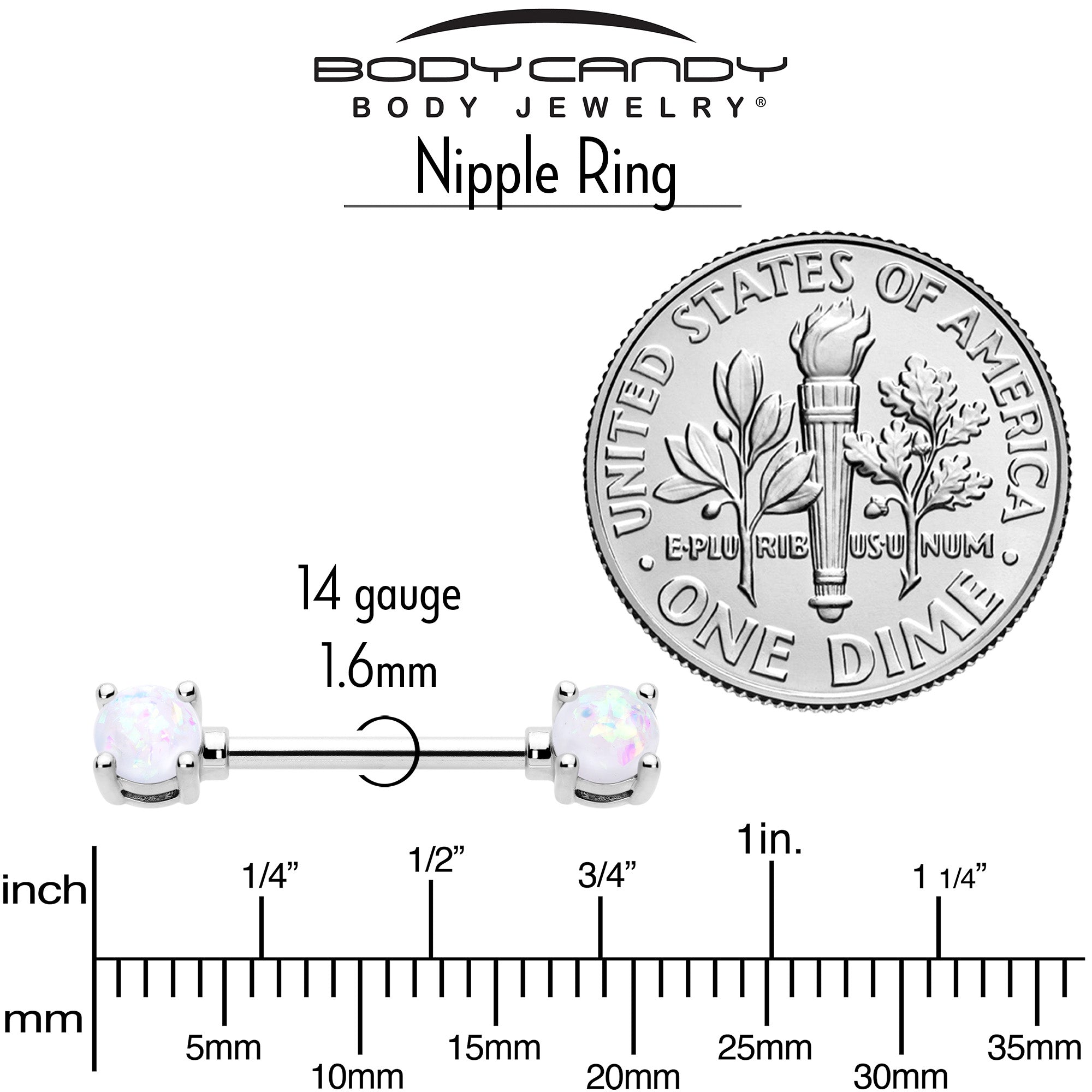 14 Gauge 9/16 White Faux Opal October Birthstone Nipple Ring Set