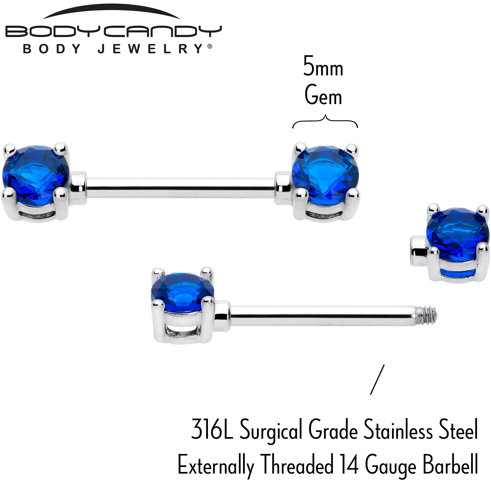 14 Gauge 9/16 Blue CZ Gem September Birthstone Nipple Ring Set