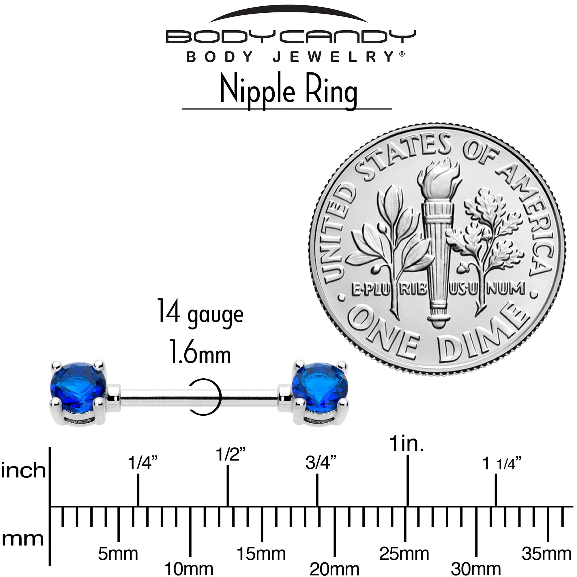 14 Gauge 9/16 Blue CZ Gem September Birthstone Nipple Ring Set