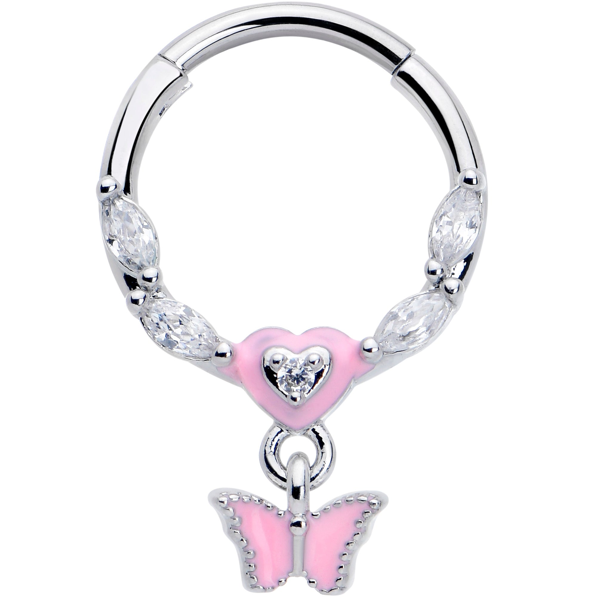 16 Gauge 3/8 Clear CZ Gem Luv Butterfly Pink Dangle Hinged Segment Ring