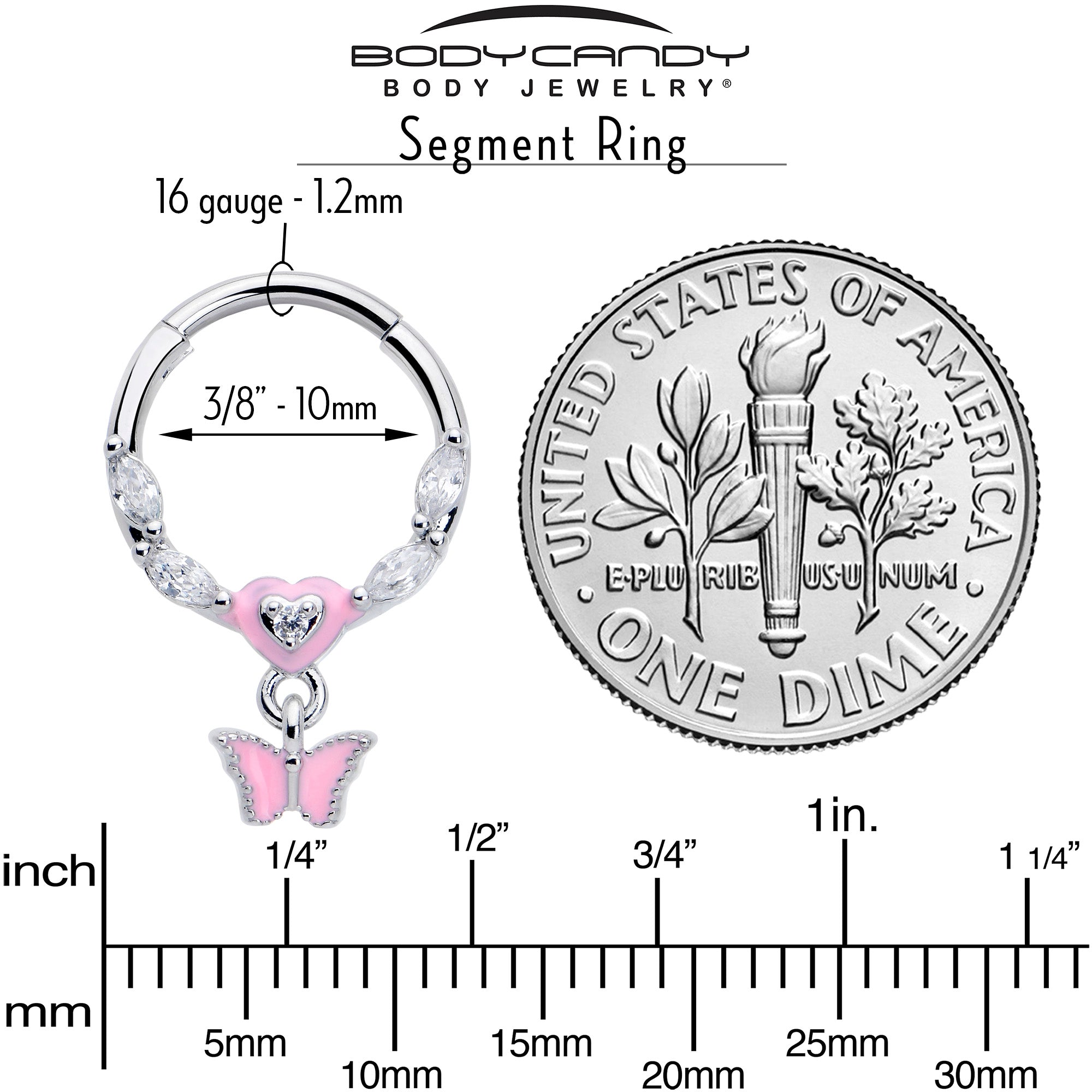 16 Gauge 3/8 Clear CZ Gem Luv Butterfly Pink Dangle Hinged Segment Ring