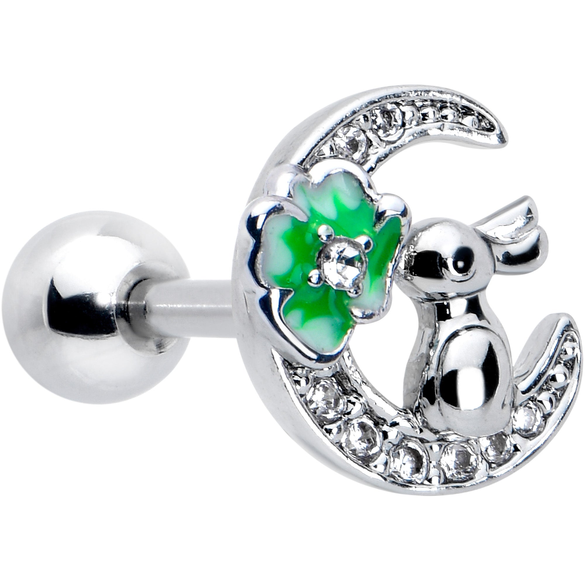 16 Gauge 1/4 Clear CZ Gem Rabbit on the Moon Green Cartilage Earring