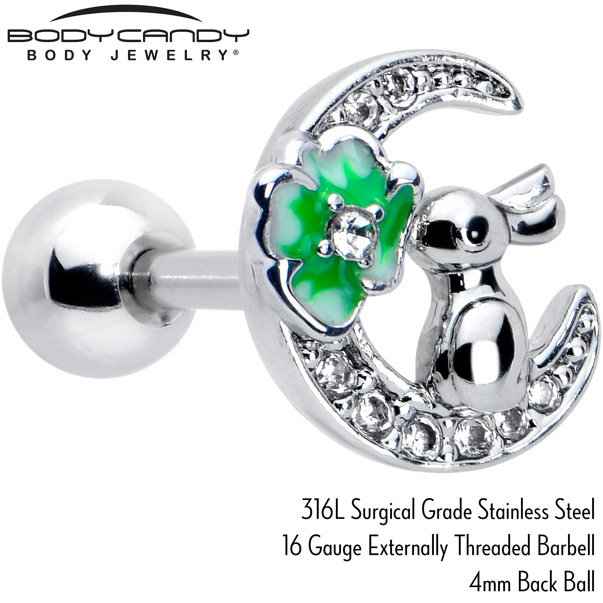 16 Gauge 1/4 Clear CZ Gem Rabbit on the Moon Green Cartilage Earring