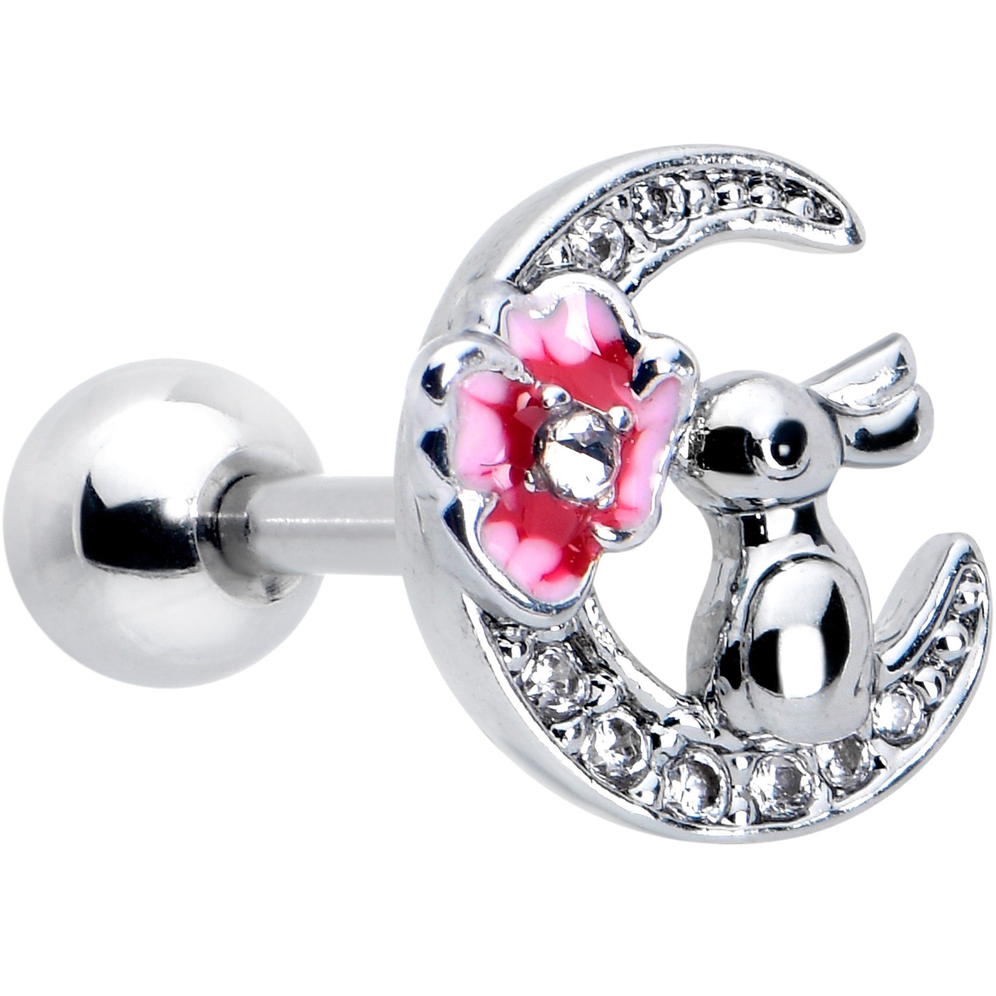 16 Gauge 1/4 Clear CZ Gem Rabbit on the Moon Pink Cartilage Earring