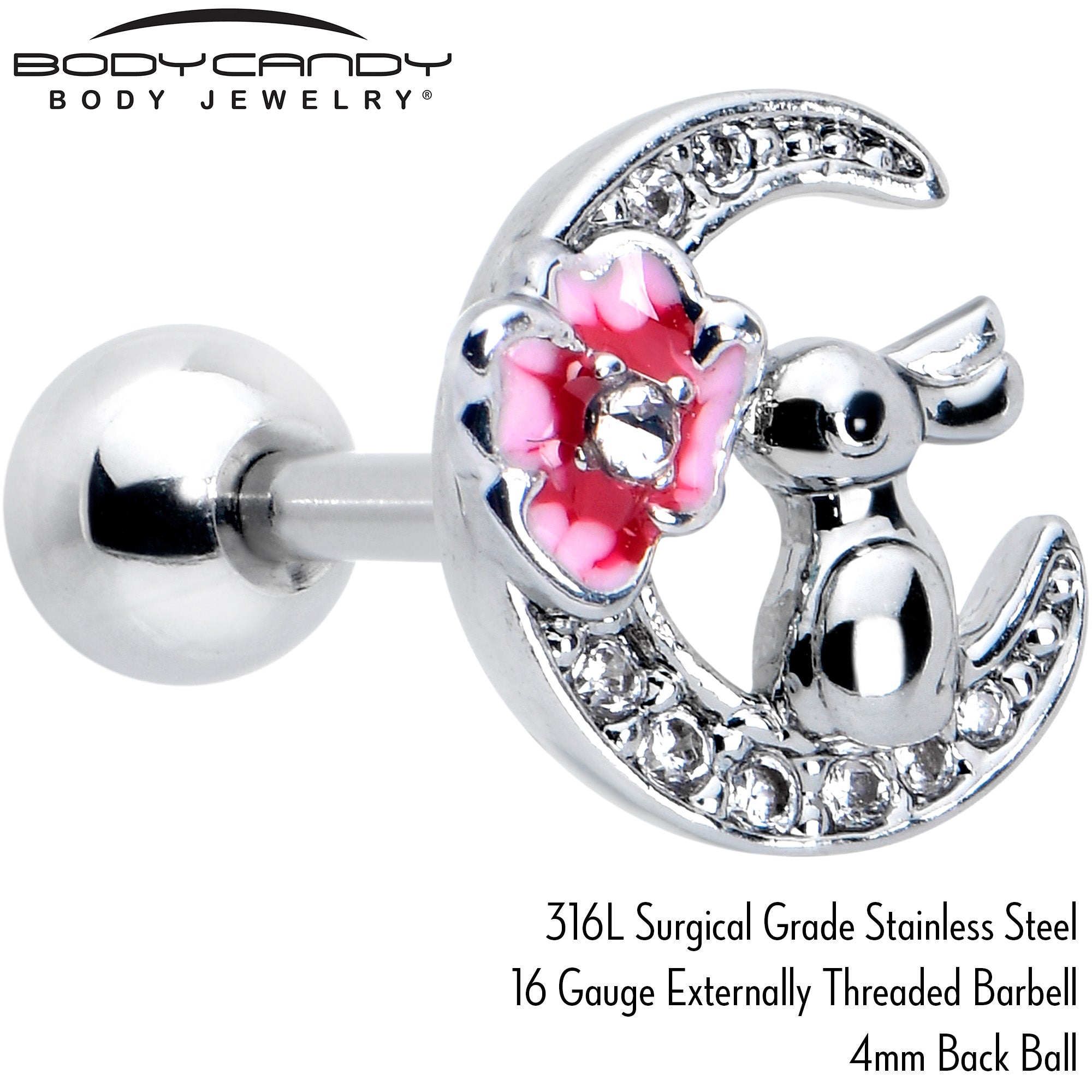 16 Gauge 1/4 Clear CZ Gem Rabbit on the Moon Pink Cartilage Earring