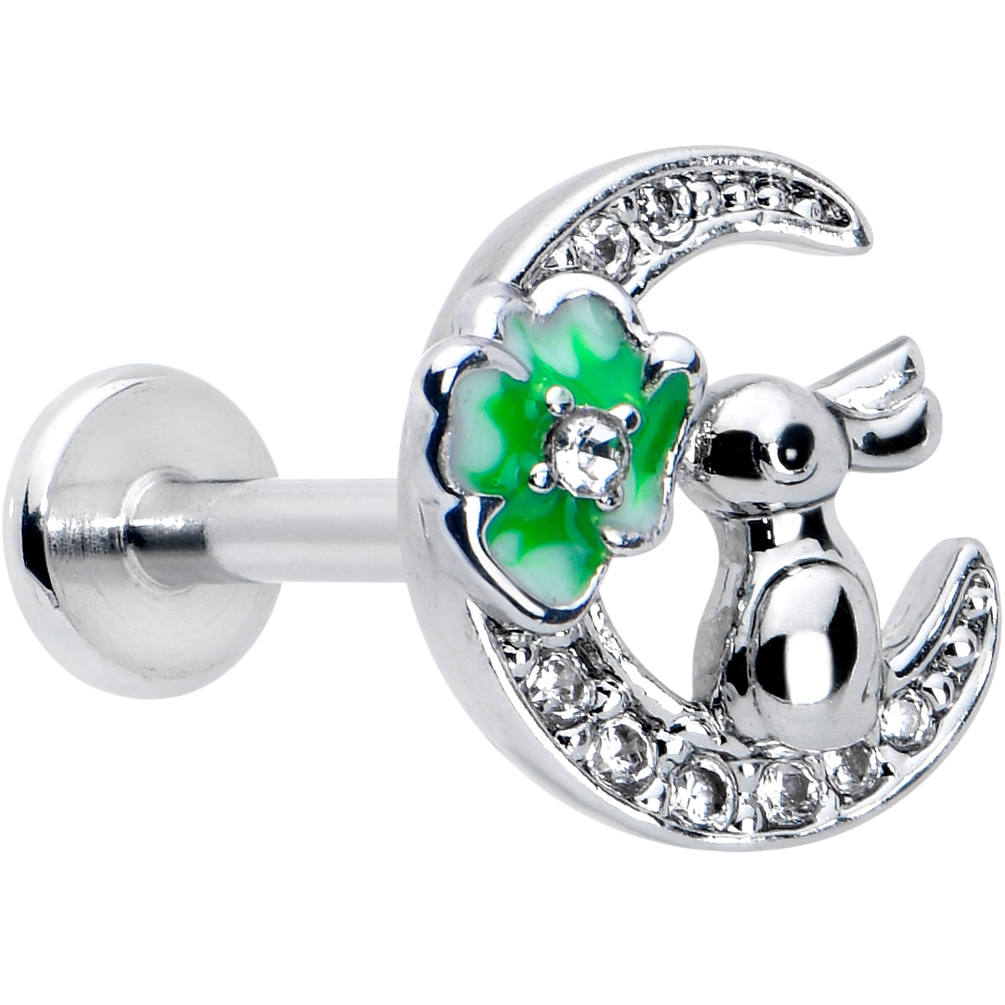 16 Gauge 5/16 Clear CZ Gem Rabbit on Moon Green Internally Threaded Labret