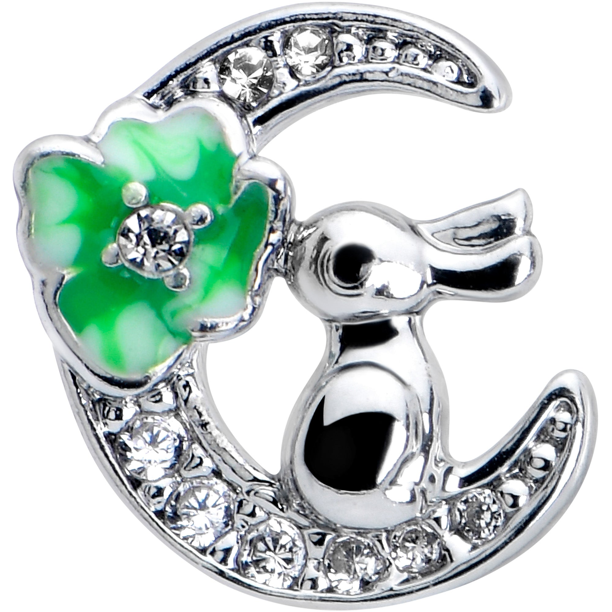 16 Gauge 5/16 Clear CZ Gem Rabbit on Moon Green Internally Threaded Labret