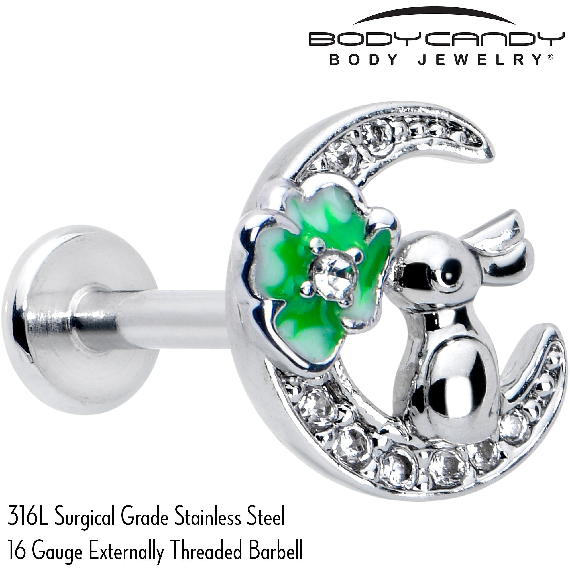 16 Gauge 5/16 Clear CZ Gem Rabbit on Moon Green Internally Threaded Labret