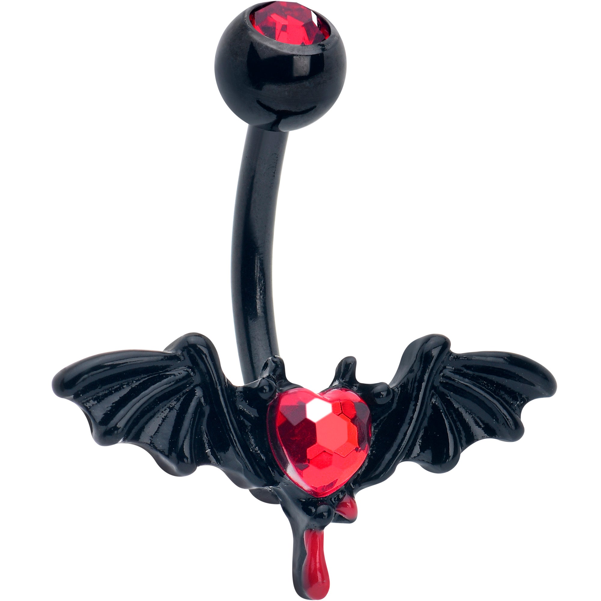 Red Gem Black Bleeding Heart Bat Belly Ring