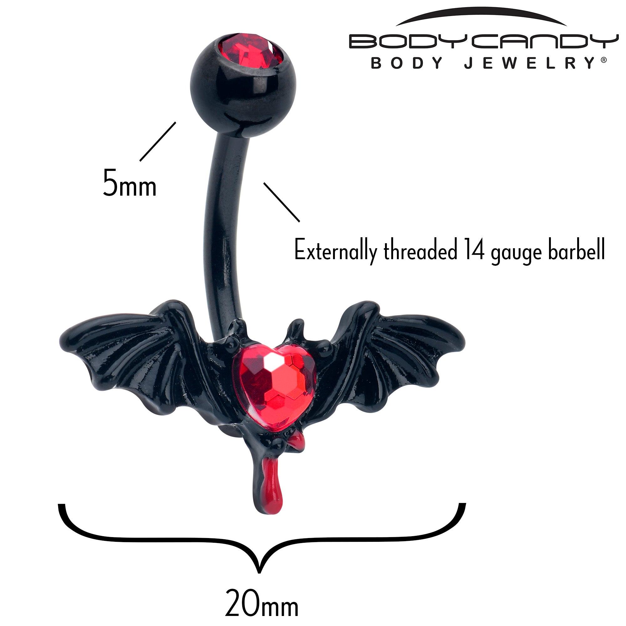 Red Gem Black Bleeding Heart Bat Belly Ring