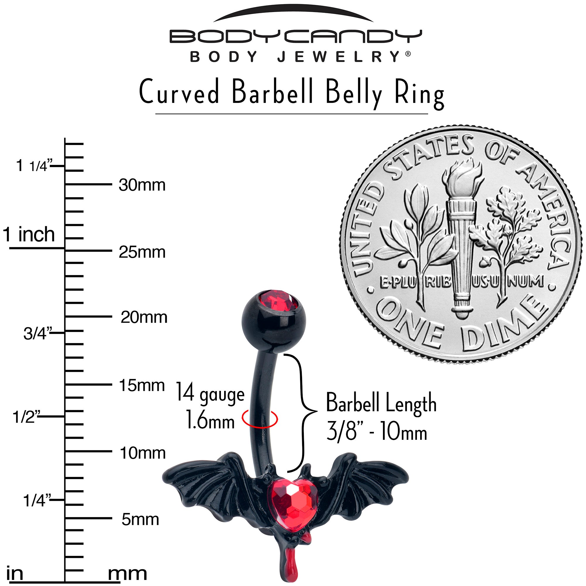 Red Gem Black Bleeding Heart Bat Belly Ring