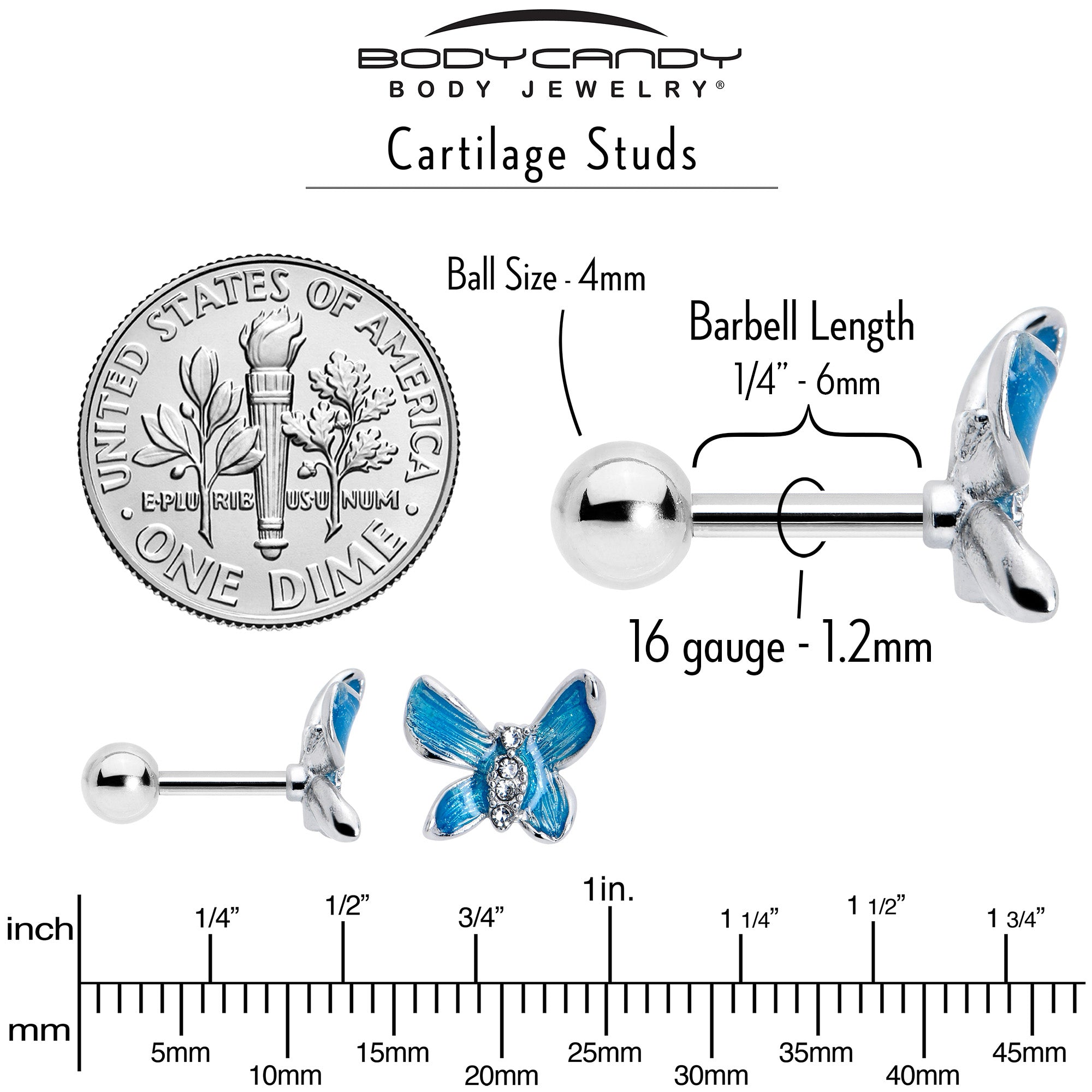 16 Gauge 1/4 Clear Gem Chunky Butterfly Blue Cartilage Tragus Earring