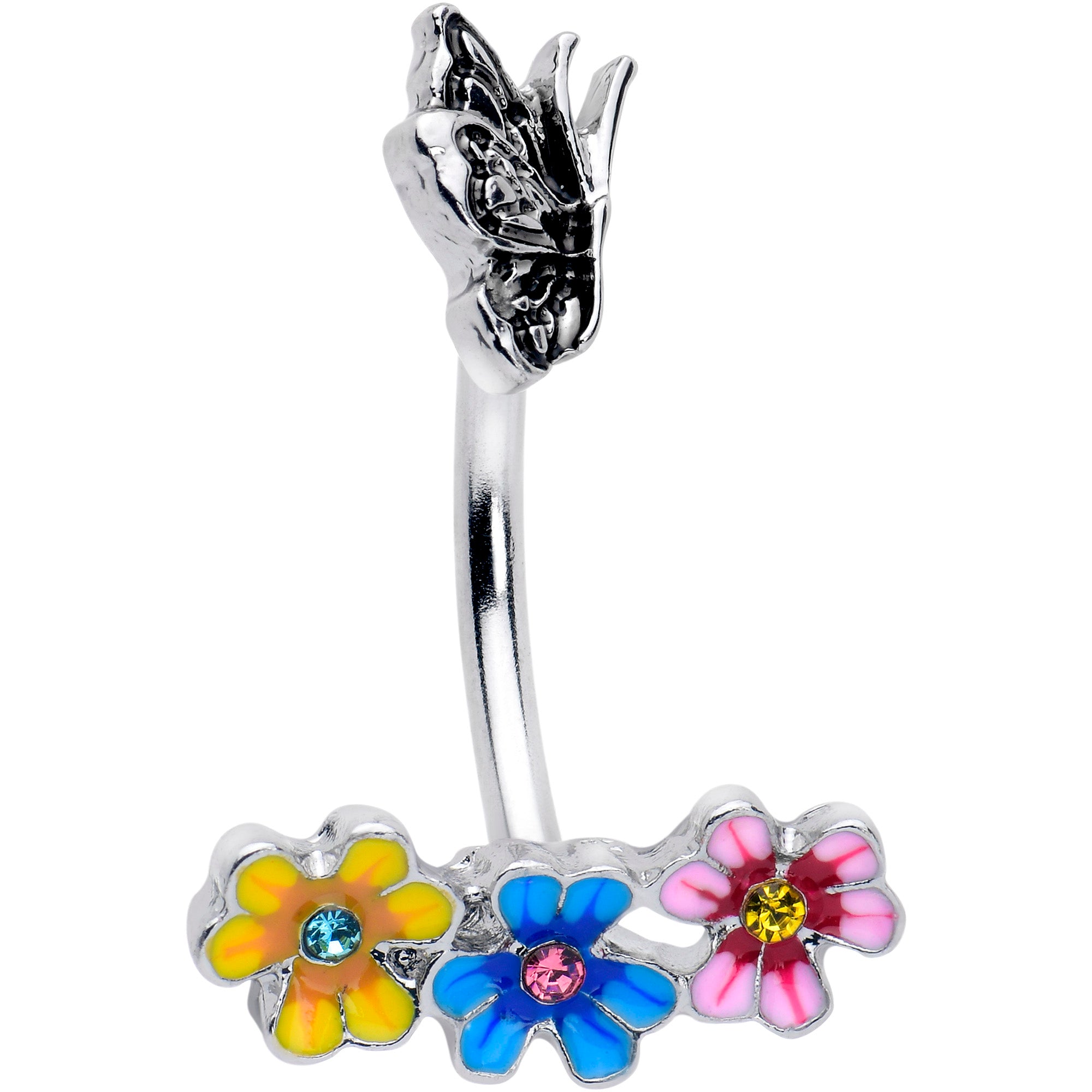 Blue Pink Gem Flower Garden Butterfly Double Mount Belly Ring