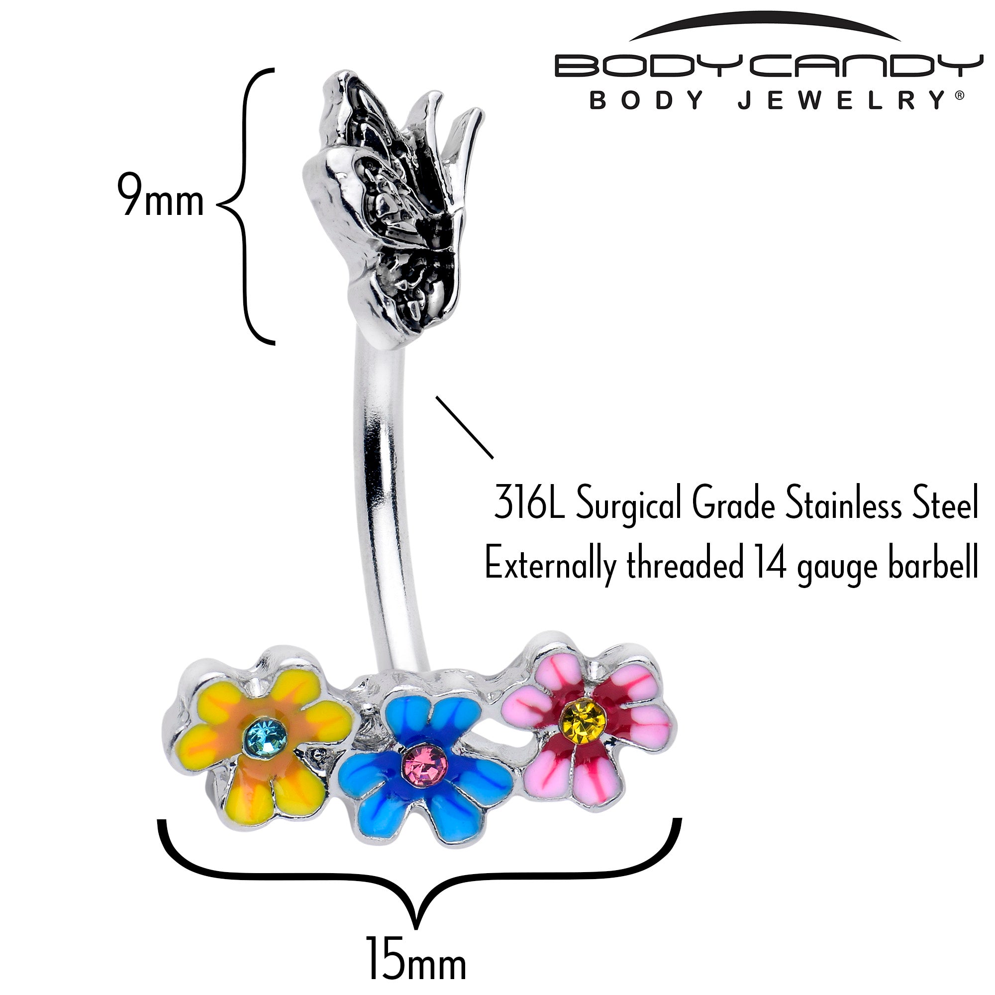 Blue Pink Gem Flower Garden Butterfly Double Mount Belly Ring