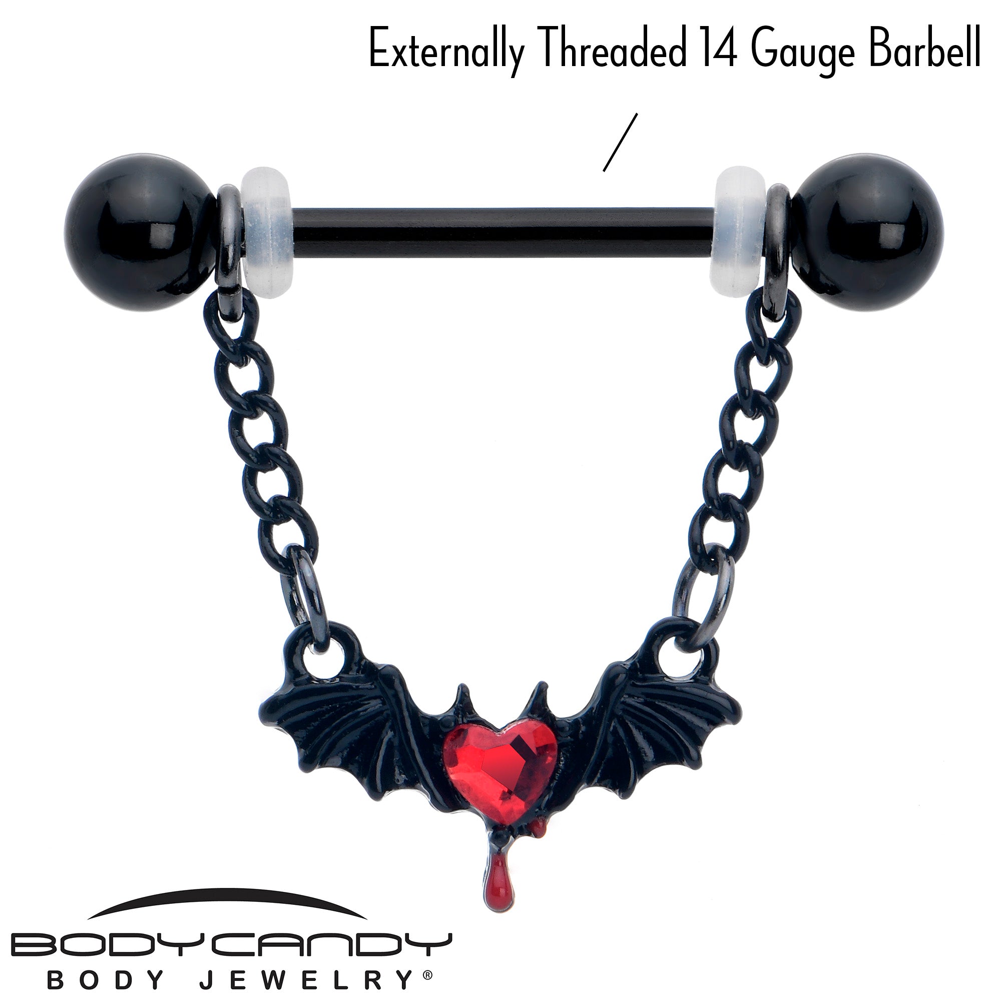 14 Gauge 9/16 Red Gem Black Bleeding Heart Bat Dangle Nipple Ring Set