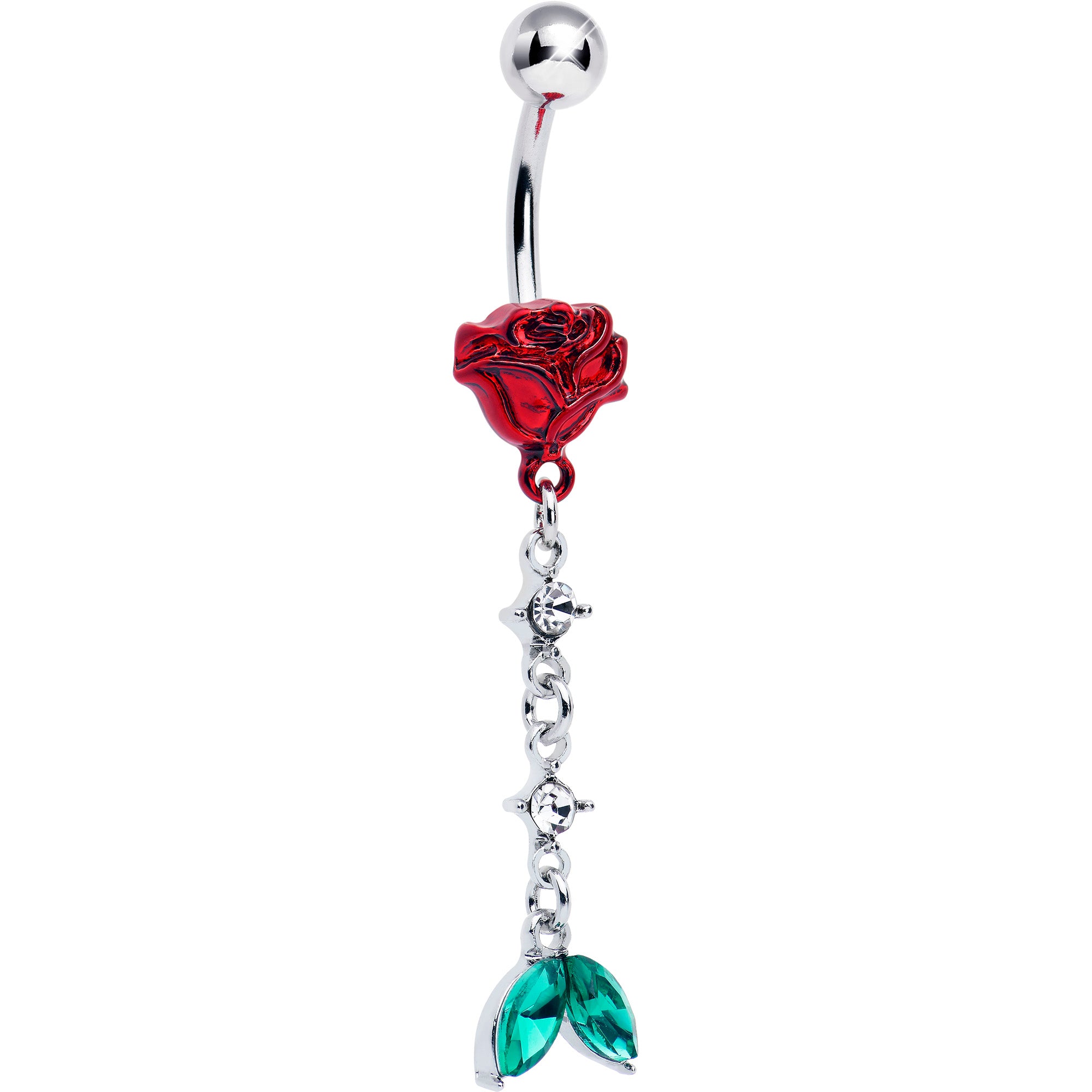 Green Clear Gem Rose Red Chain Dangle Belly Ring