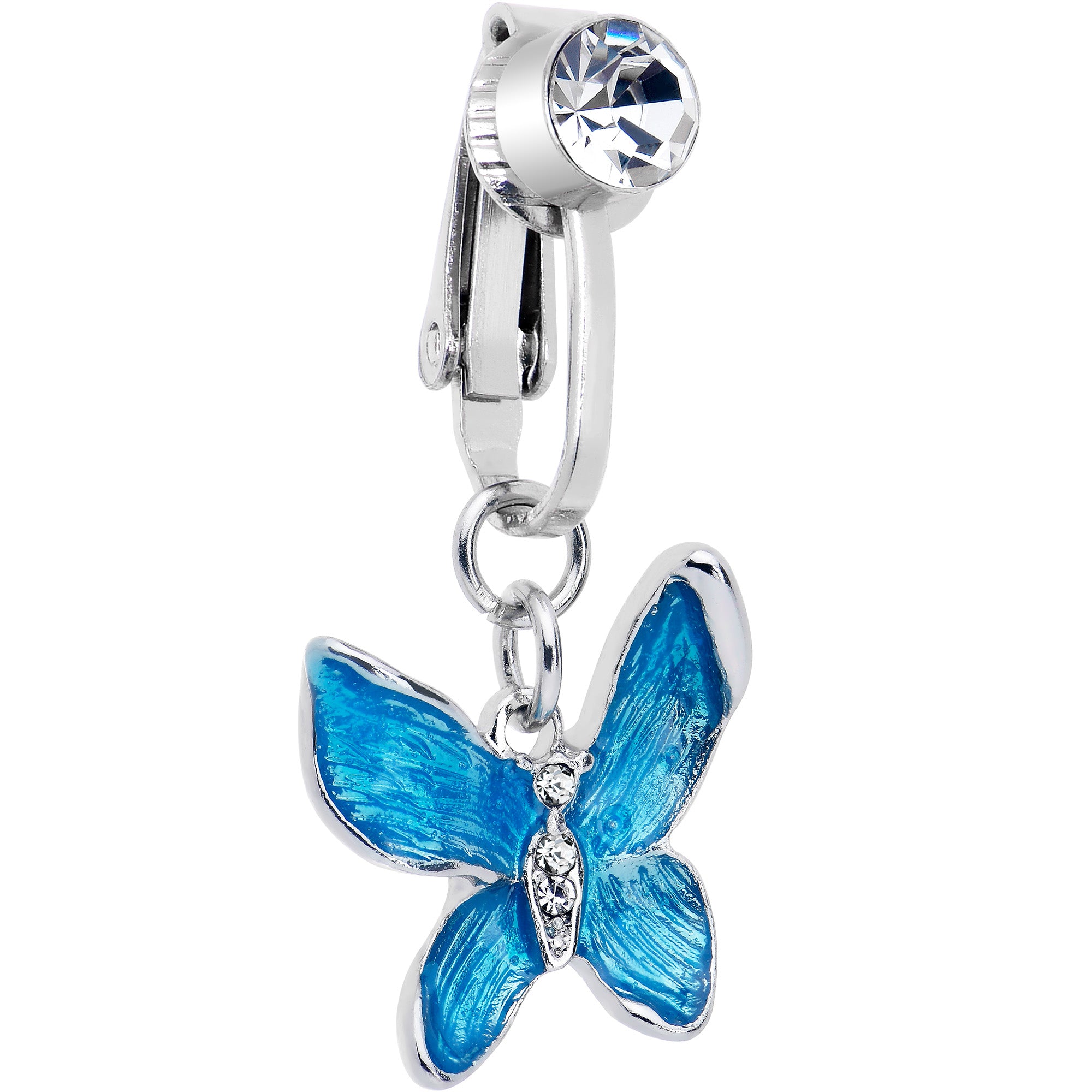 Clear Gem Chunky Butterfly Blue Clip On Fake Belly Ring