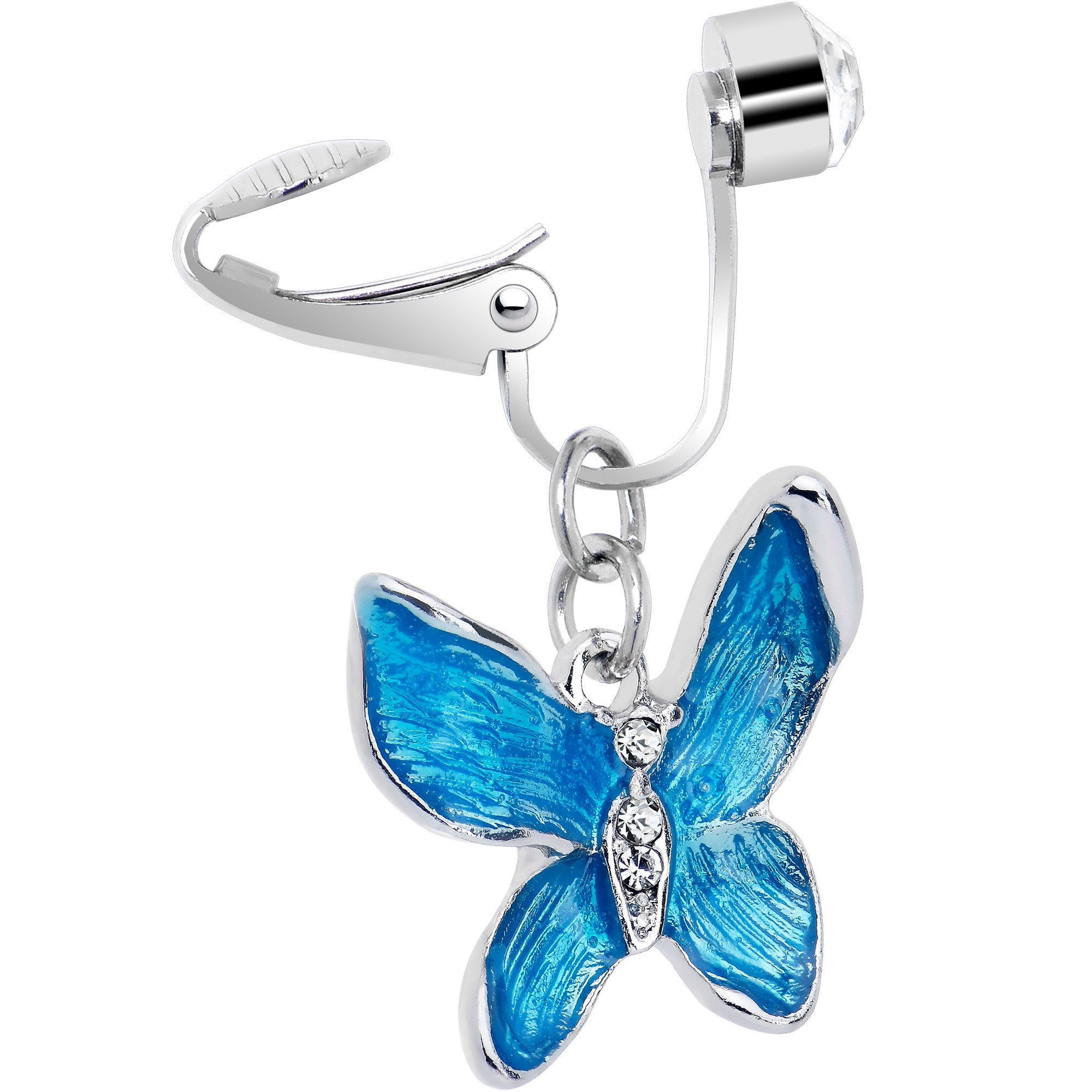 Clear Gem Chunky Butterfly Blue Clip On Fake Belly Ring