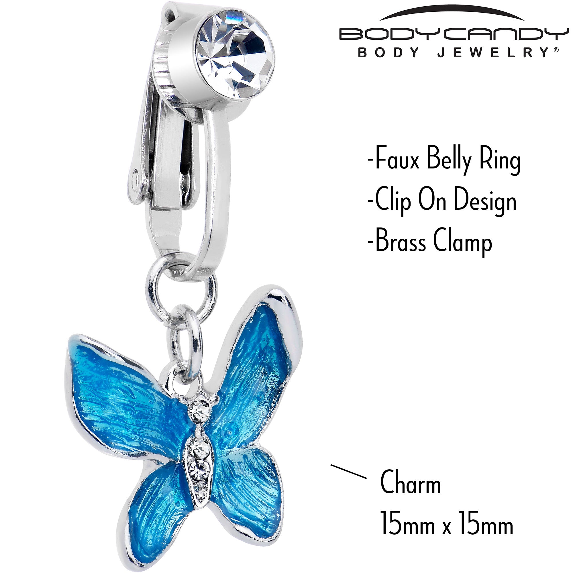 Clear Gem Chunky Butterfly Blue Clip On Fake Belly Ring