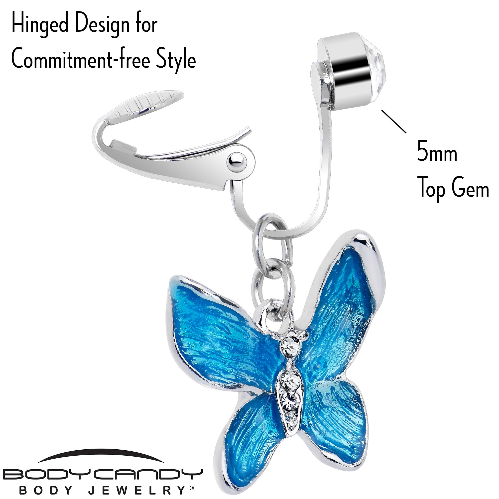 Clear Gem Chunky Butterfly Blue Clip On Fake Belly Ring