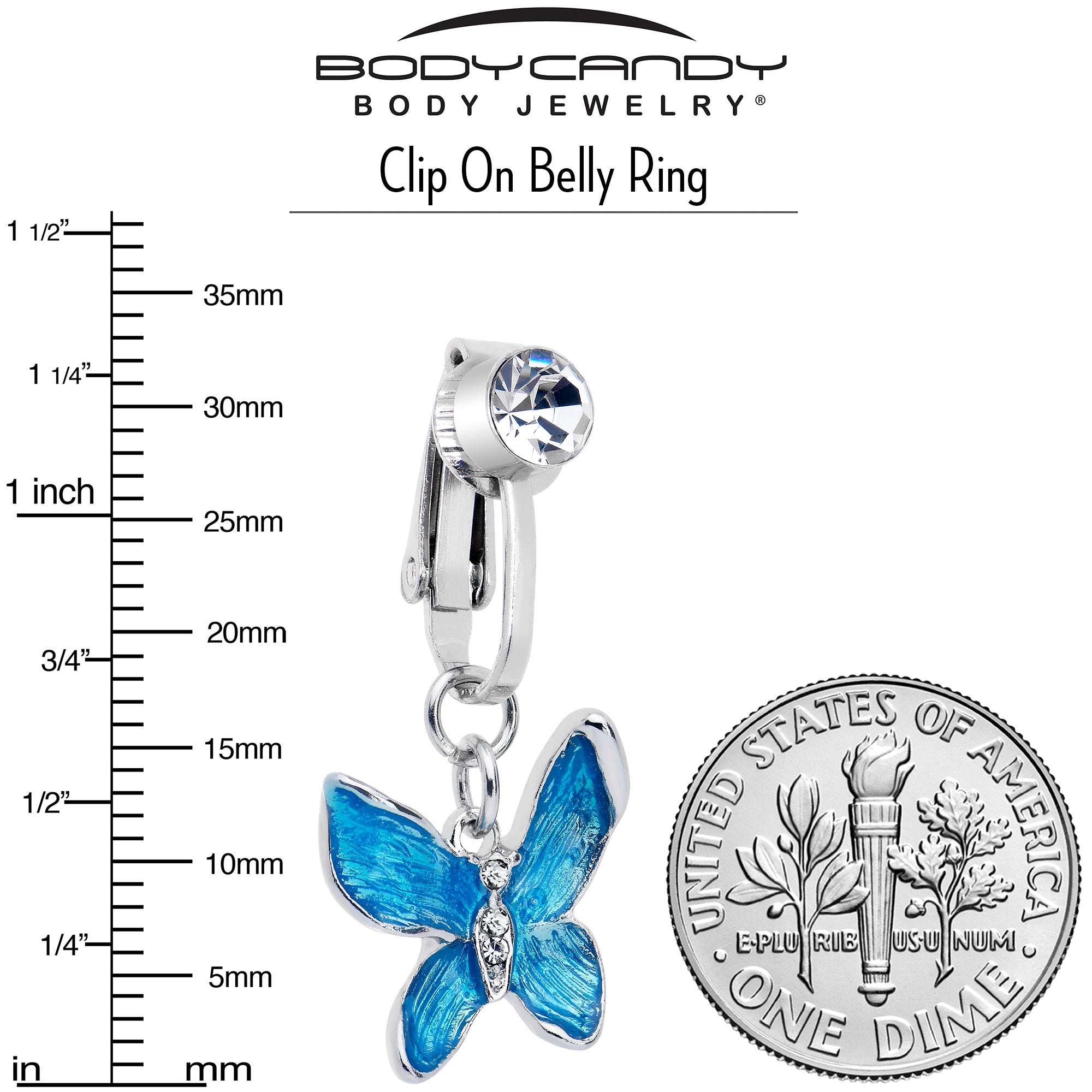 Clear Gem Chunky Butterfly Blue Clip On Fake Belly Ring