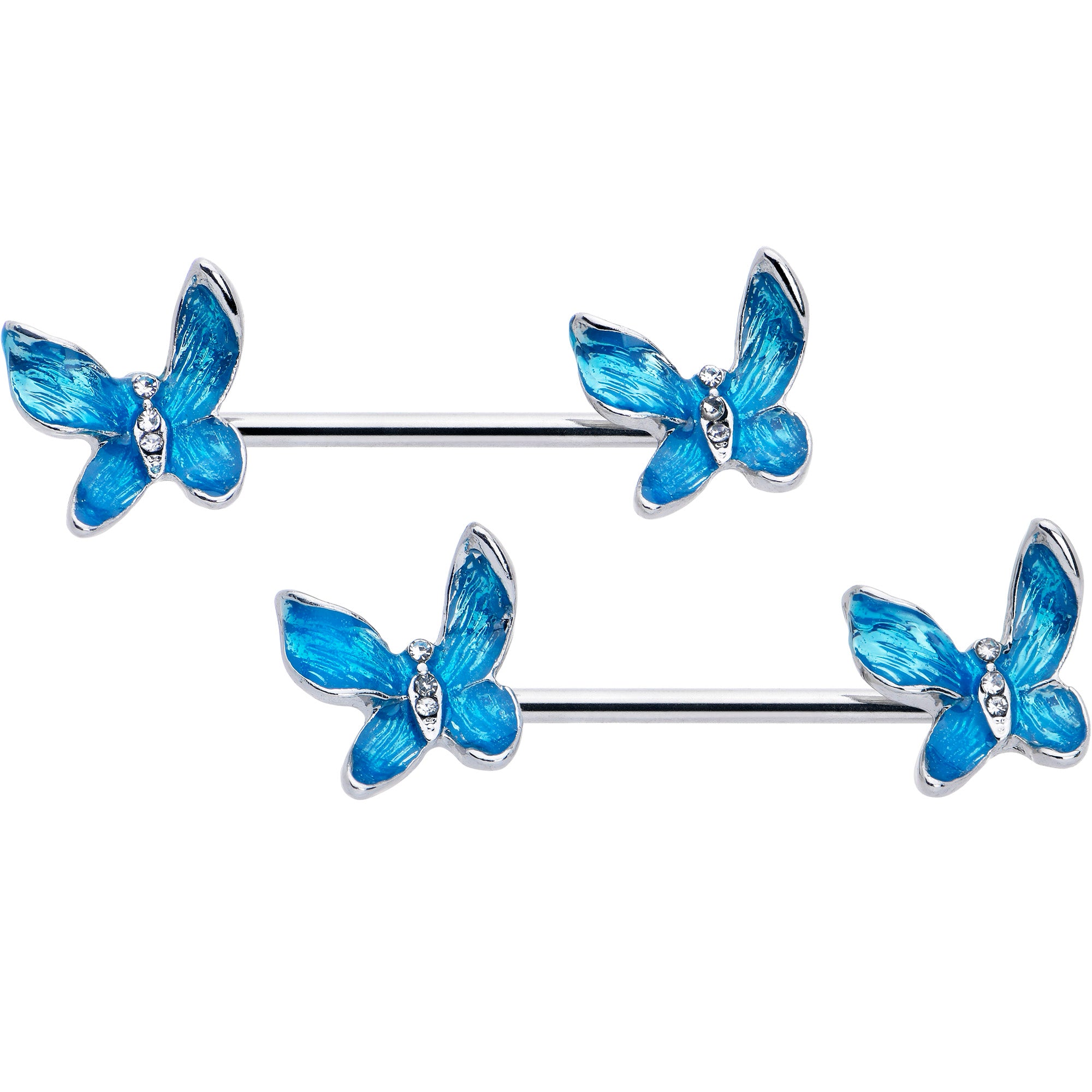 14 Gauge 9/16 Clear Gem Chunky Butterfly Blue Barbell Nipple Ring Set