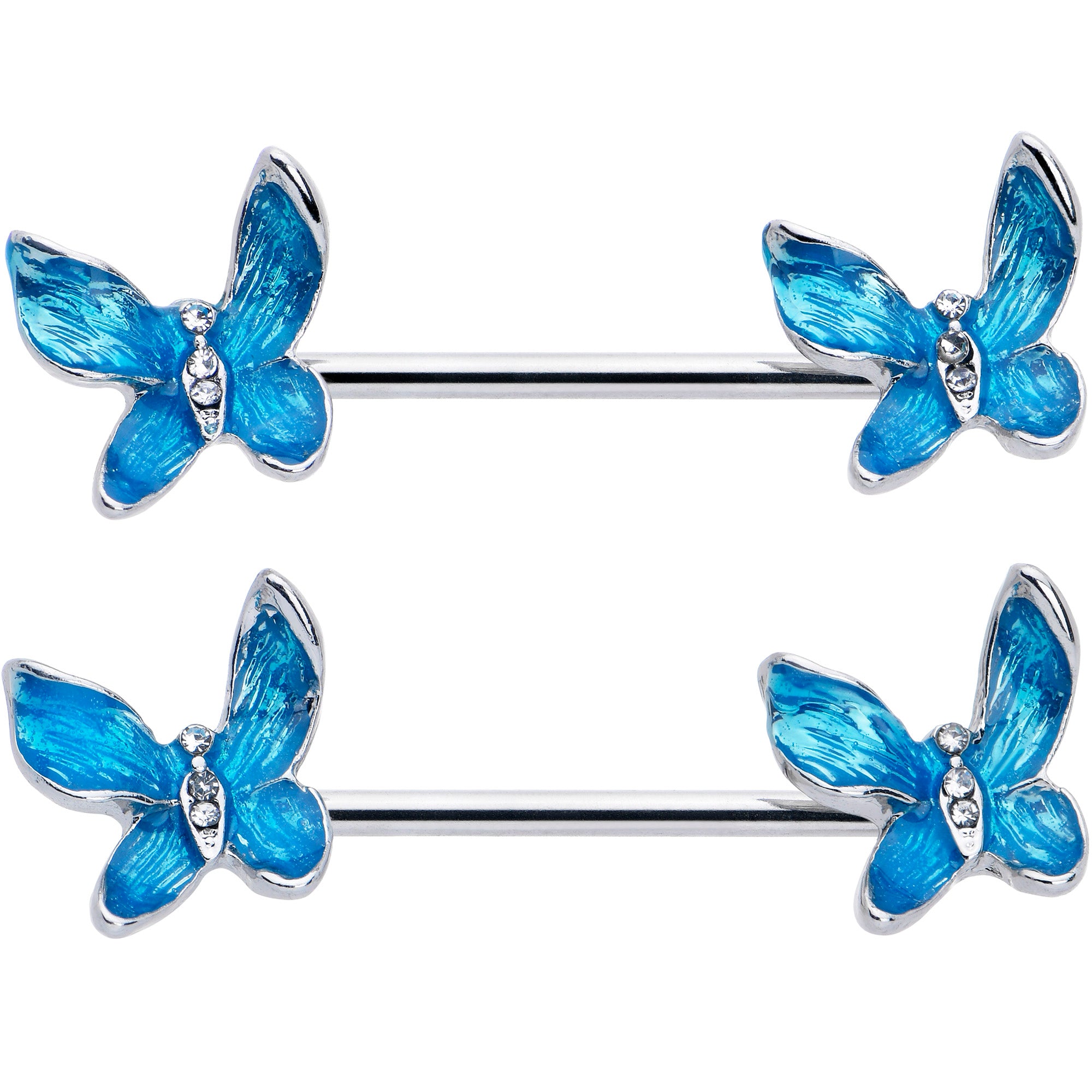 14 Gauge 9/16 Clear Gem Chunky Butterfly Blue Barbell Nipple Ring Set