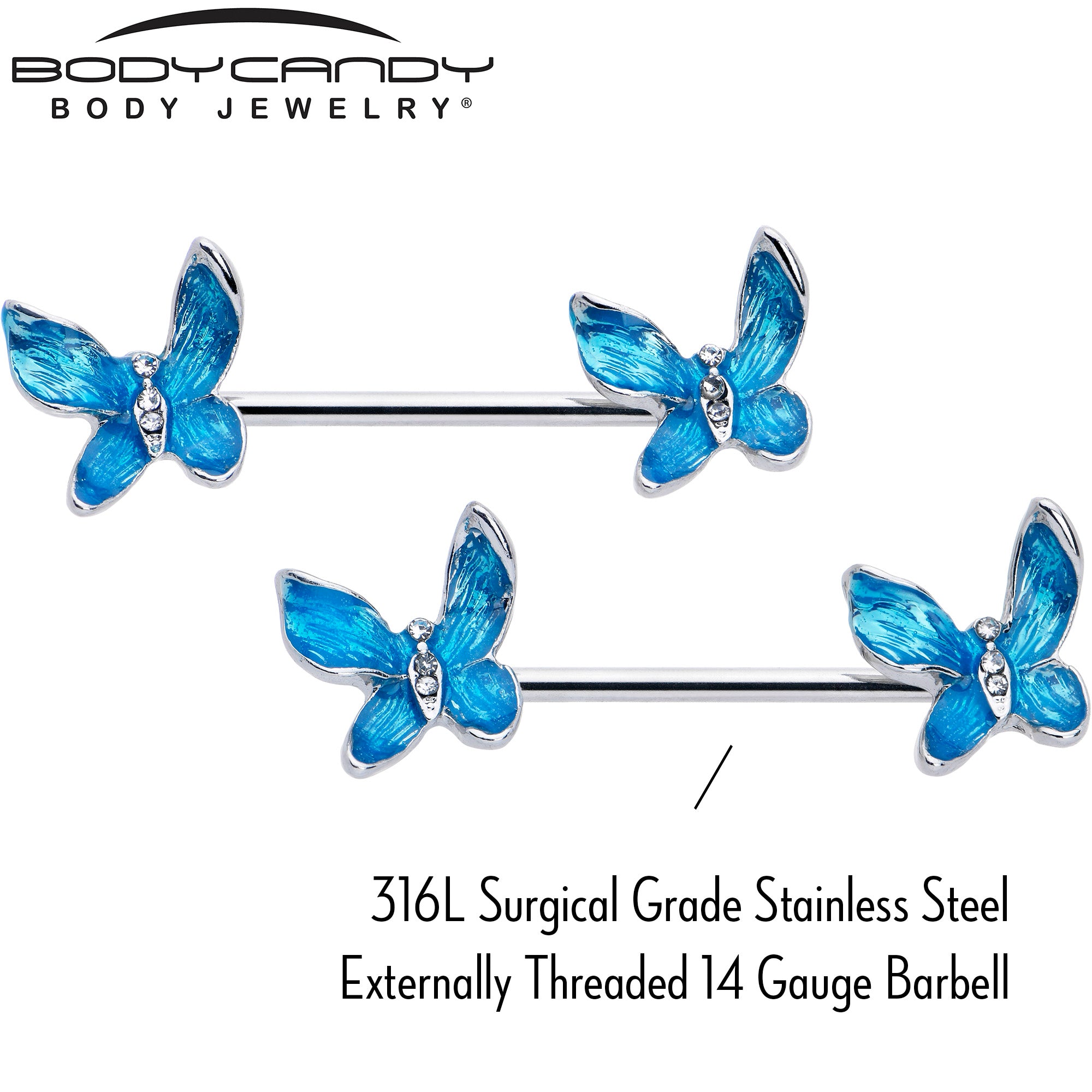 14 Gauge 9/16 Clear Gem Chunky Butterfly Blue Barbell Nipple Ring Set