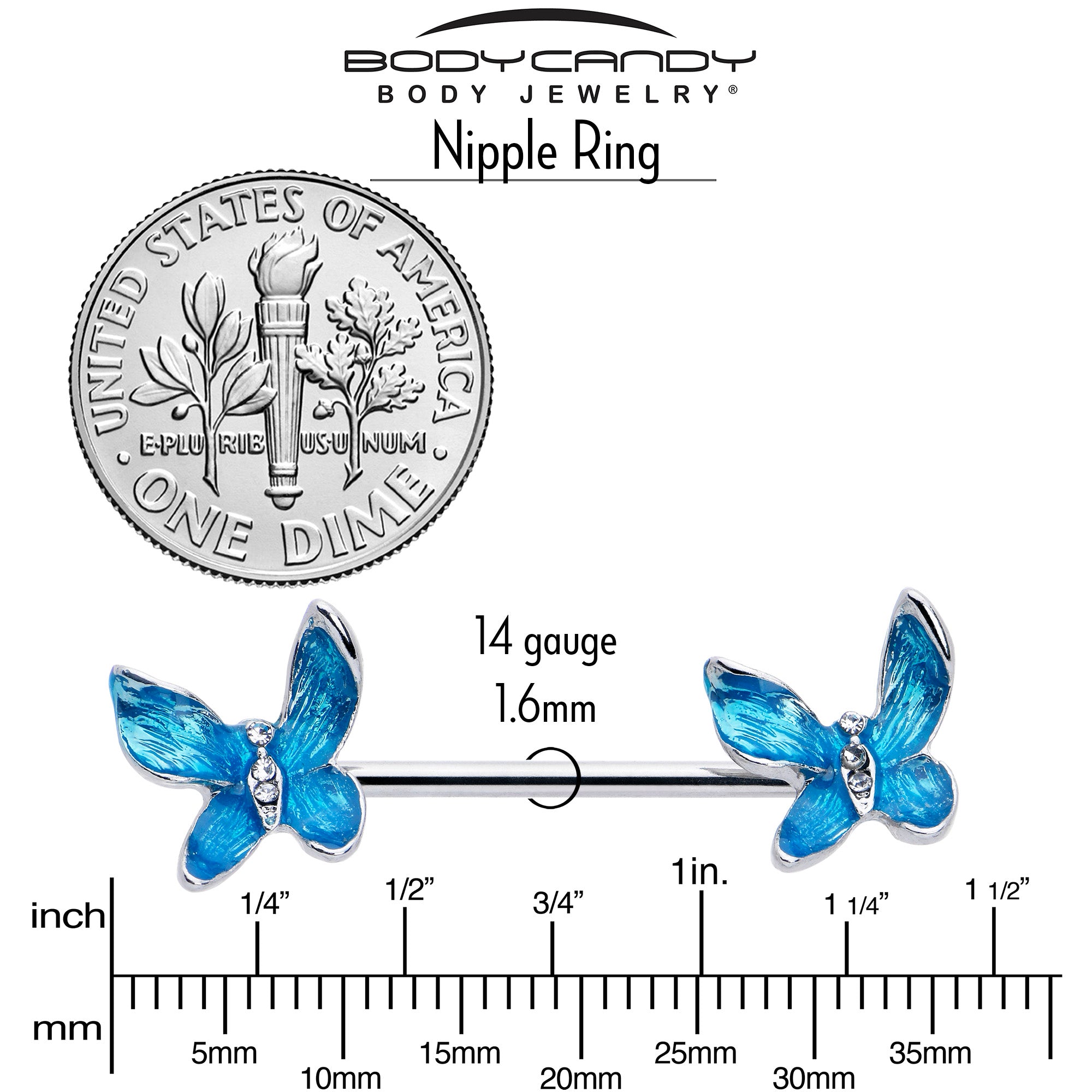 14 Gauge 9/16 Clear Gem Chunky Butterfly Blue Barbell Nipple Ring Set