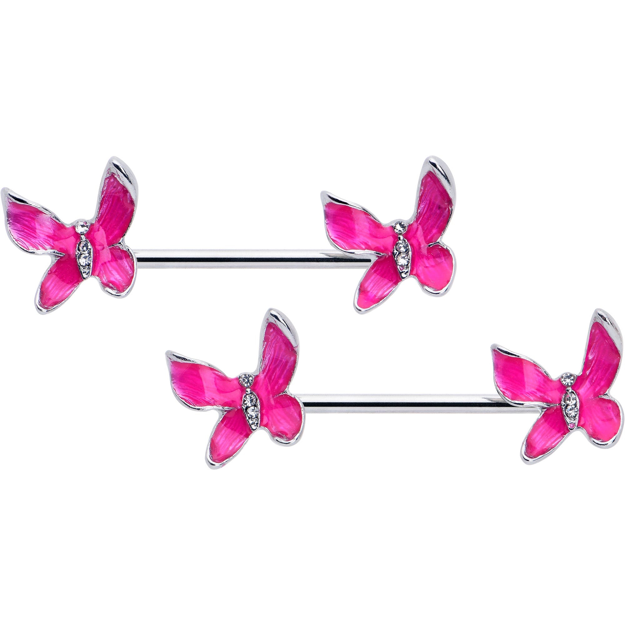 14 Gauge 9/16 Clear Gem Chunky Butterfly Pink Barbell Nipple Ring Set