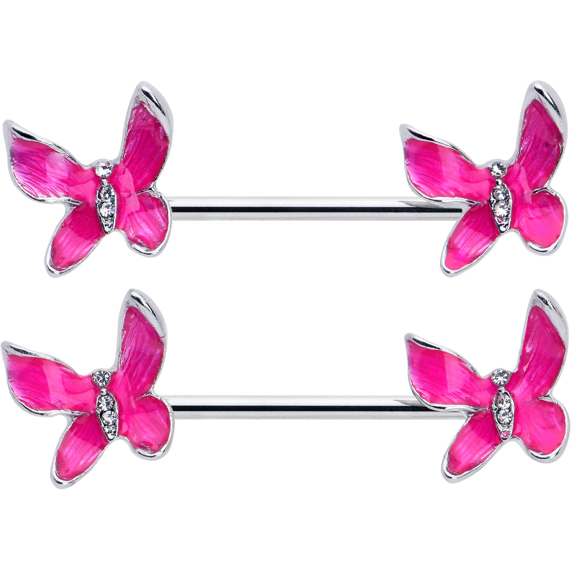 14 Gauge 9/16 Clear Gem Chunky Butterfly Pink Barbell Nipple Ring Set