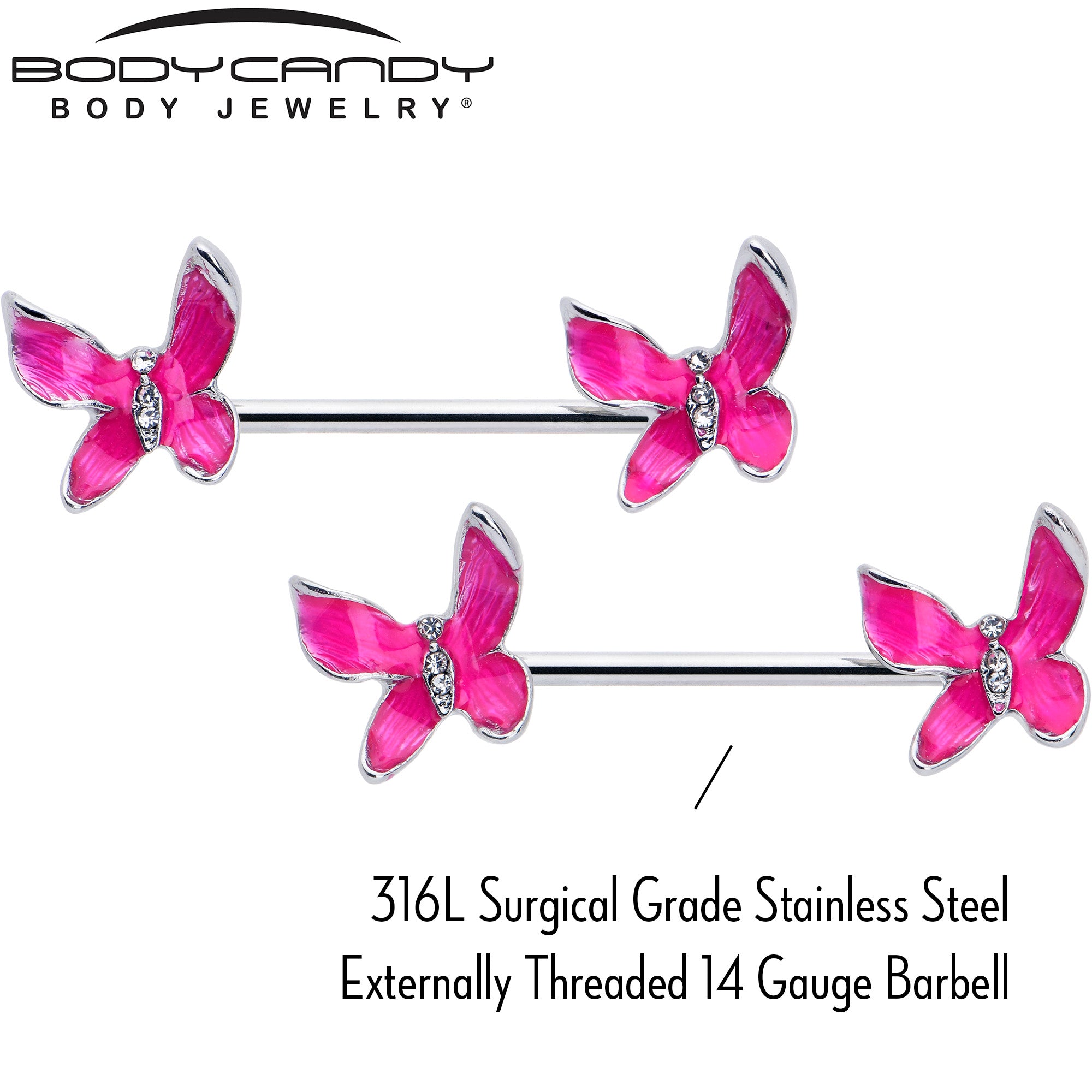 14 Gauge 9/16 Clear Gem Chunky Butterfly Pink Barbell Nipple Ring Set