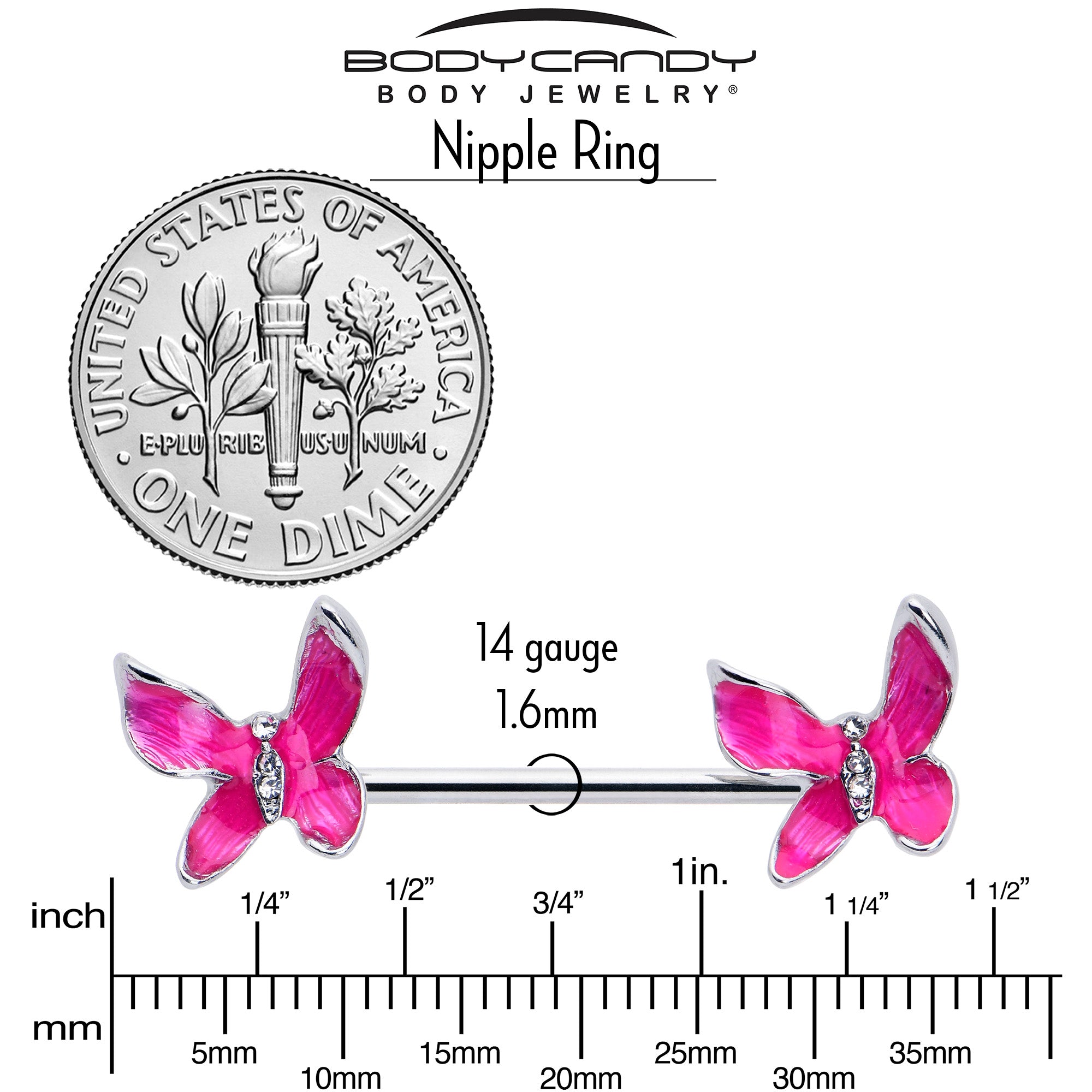 14 Gauge 9/16 Clear Gem Chunky Butterfly Pink Barbell Nipple Ring Set