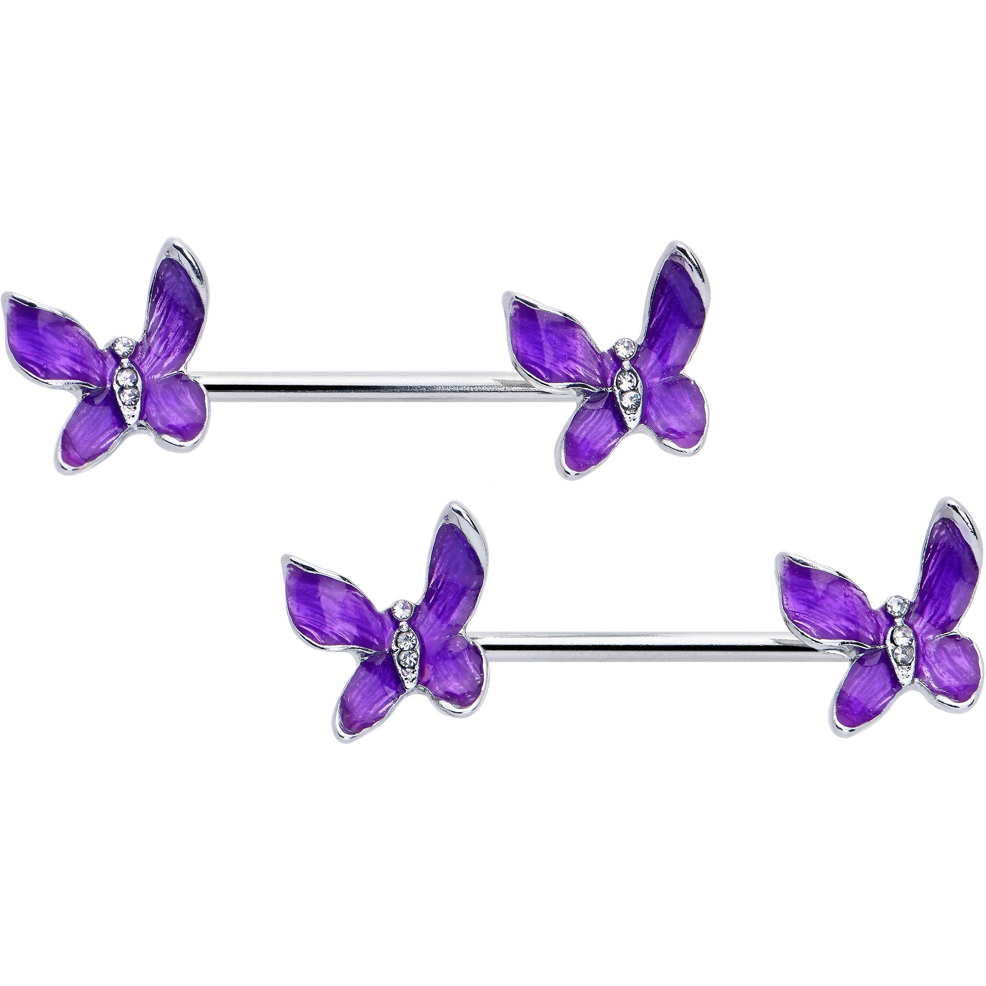 14 Gauge 9/16 Clear Gem Chunky Butterfly Purple Barbell Nipple Ring Set