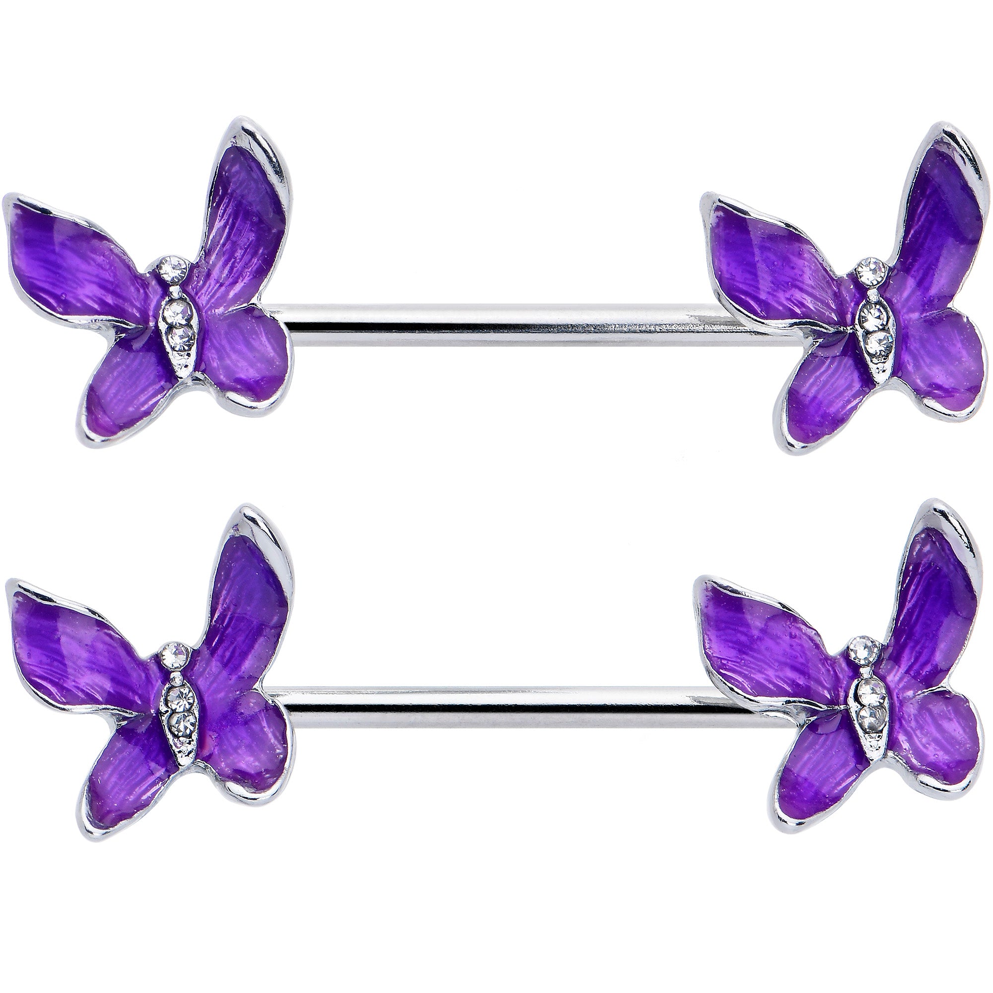 14 Gauge 9/16 Clear Gem Chunky Butterfly Purple Barbell Nipple Ring Set