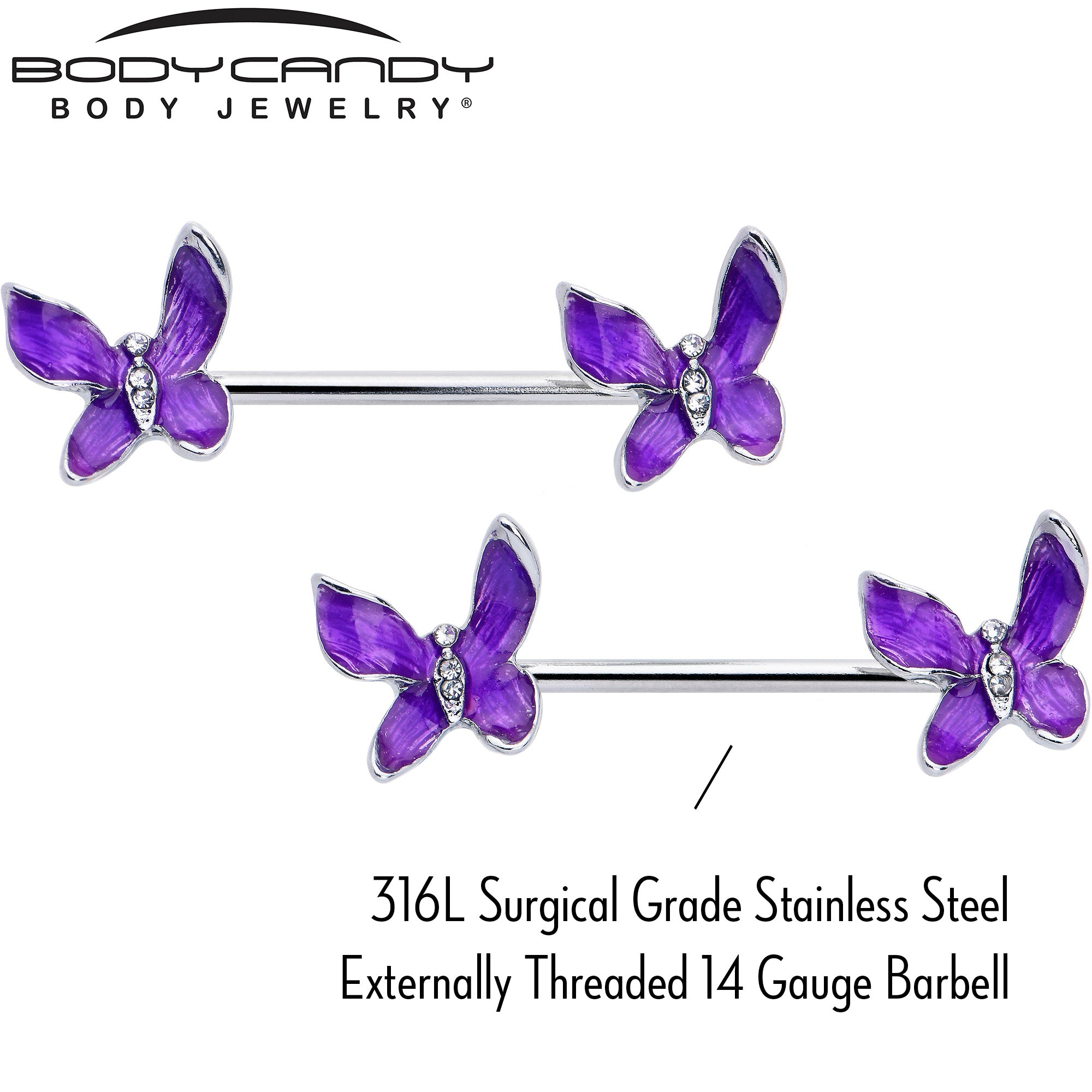 14 Gauge 9/16 Clear Gem Chunky Butterfly Purple Barbell Nipple Ring Set