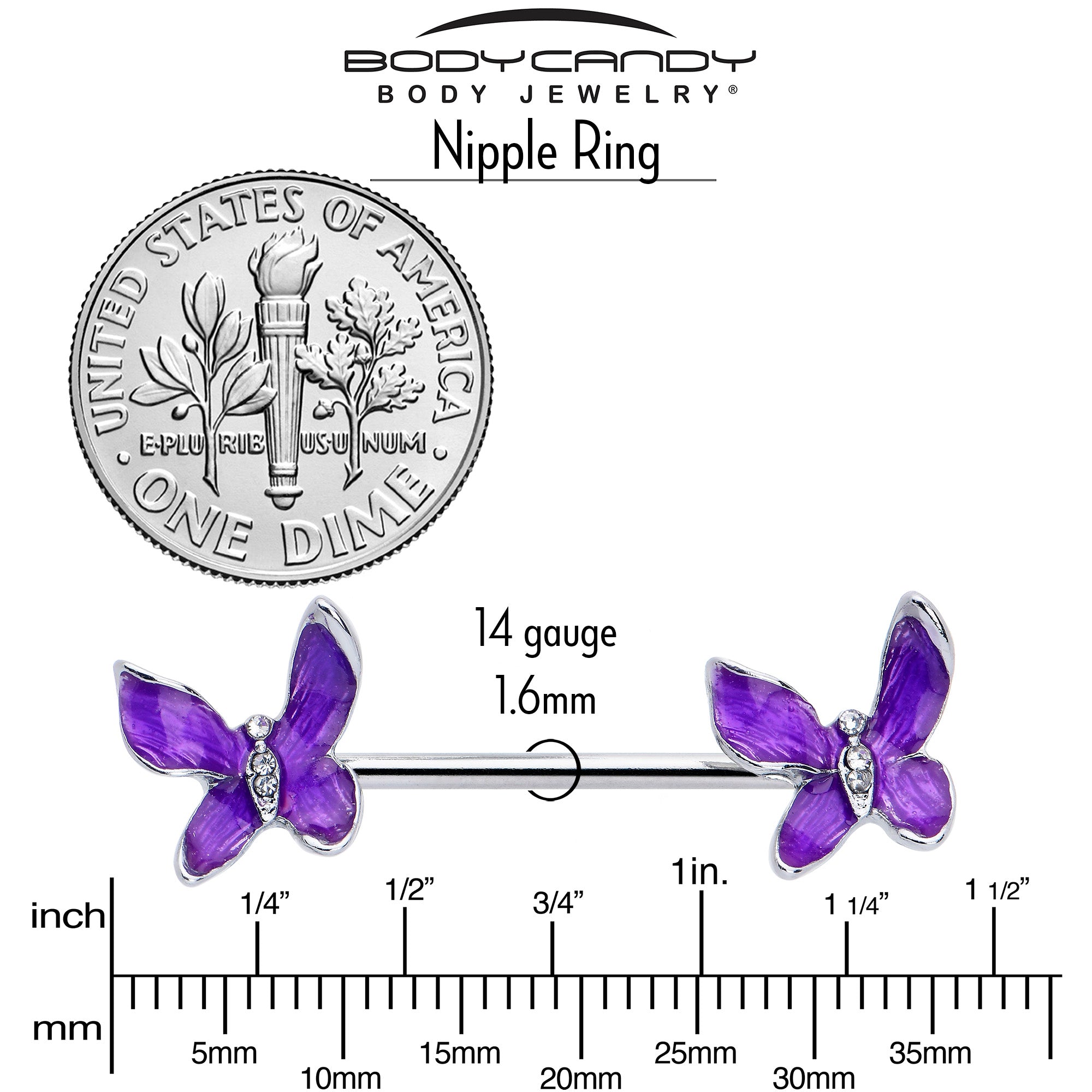 14 Gauge 9/16 Clear Gem Chunky Butterfly Purple Barbell Nipple Ring Set