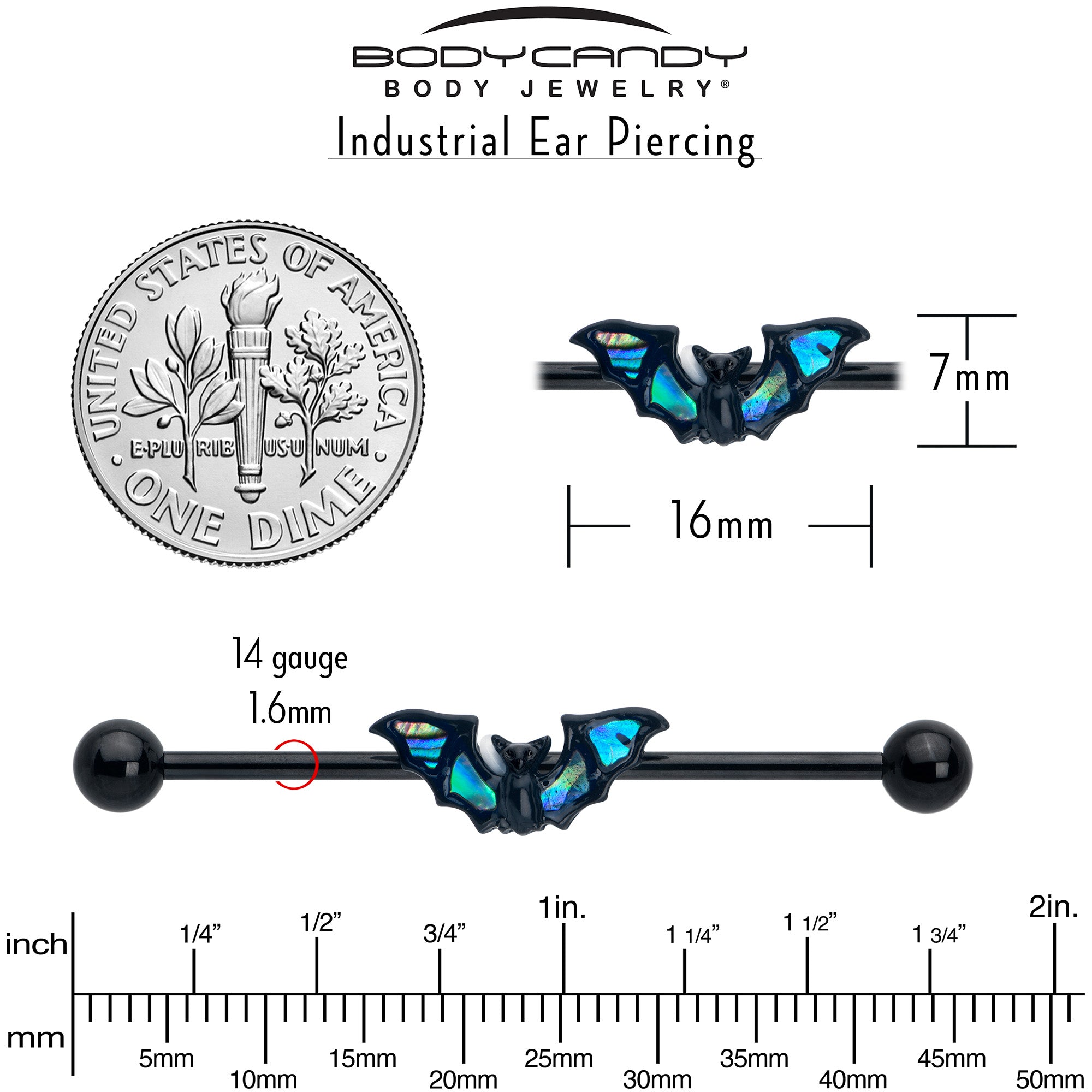 14 Gauge Black Bat in Blue Industrial Barbell 38mm