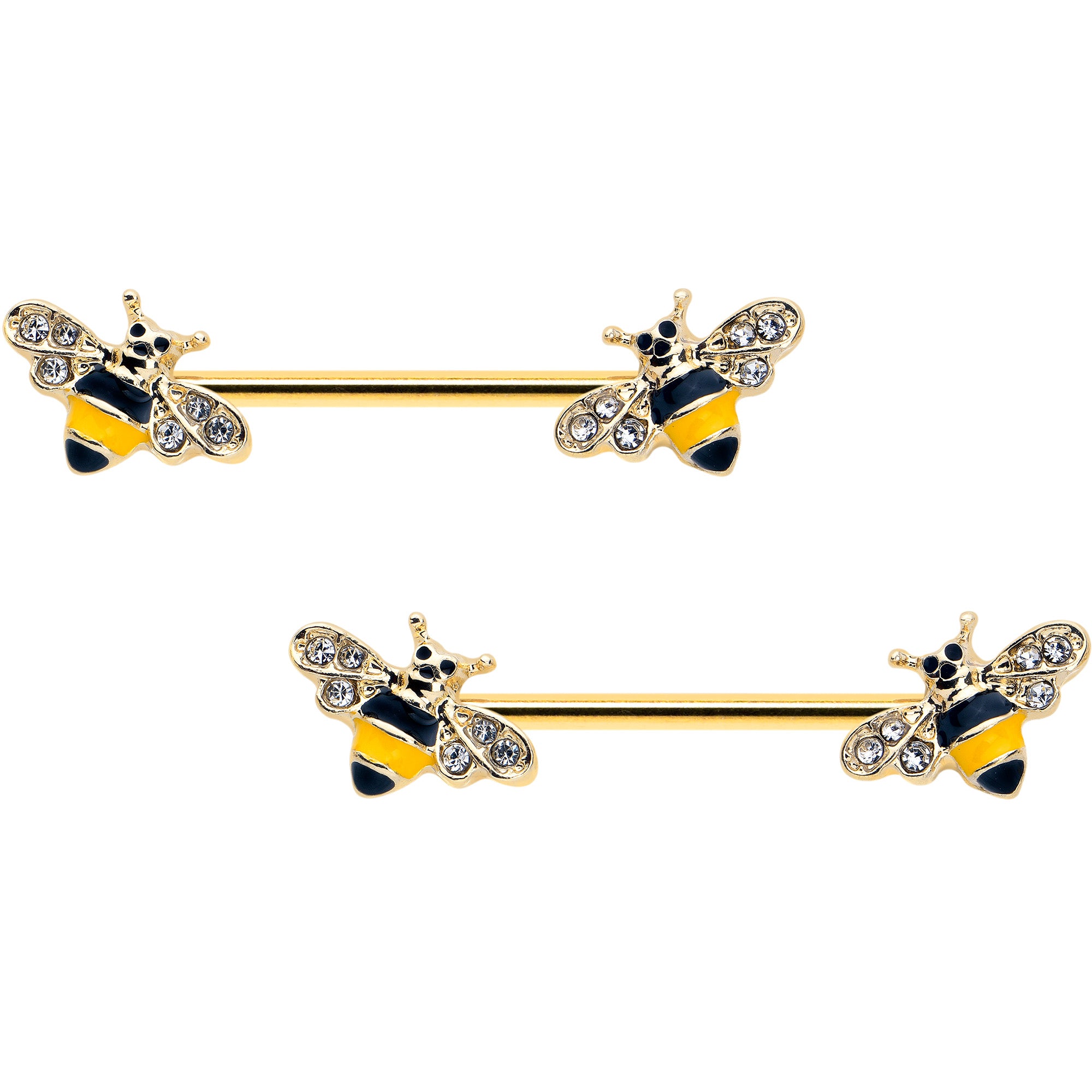 14 Gauge 3/4 Clear CZ Gem Gold Tone Bee Luv Barbell Nipple Ring Set