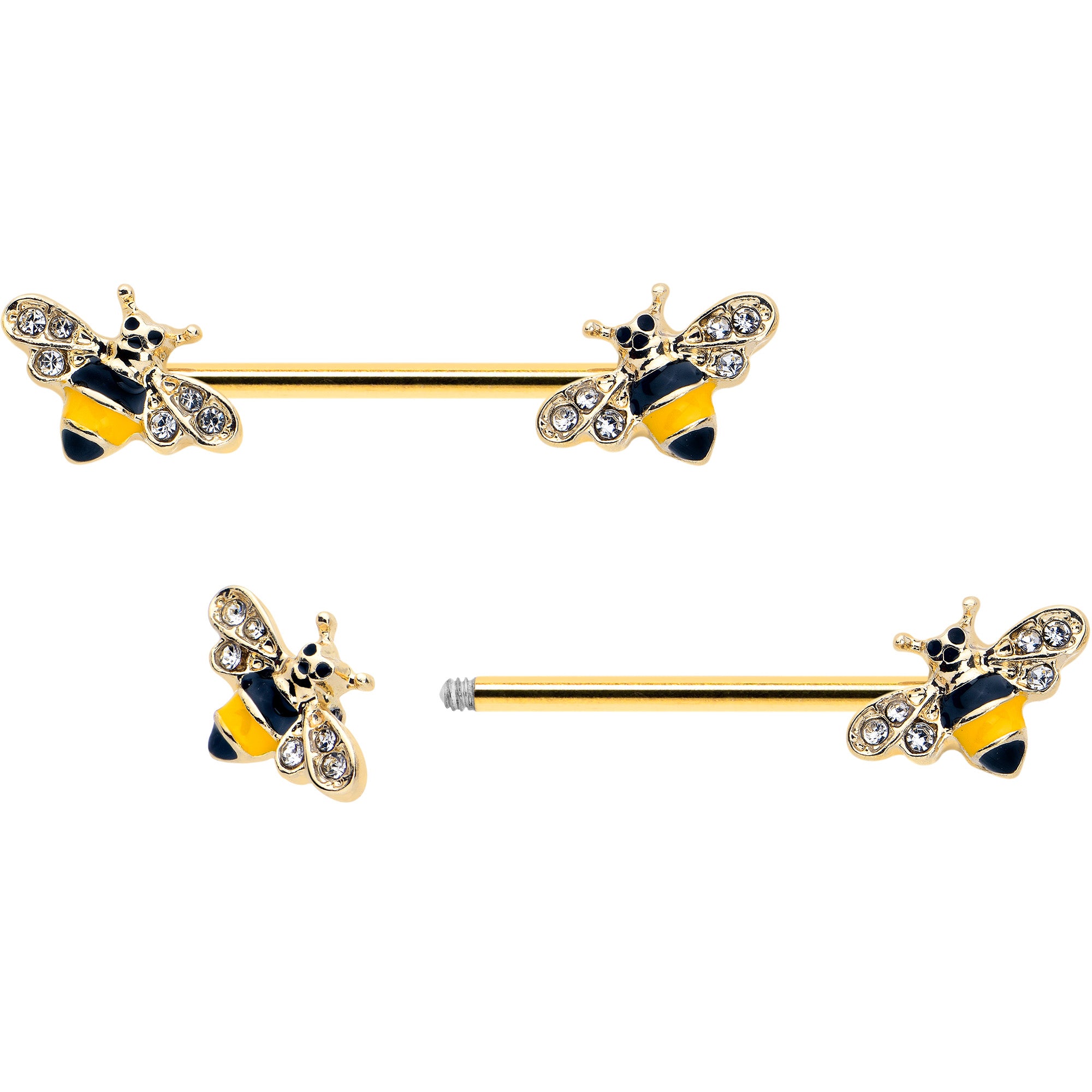 14 Gauge 3/4 Clear CZ Gem Gold Tone Bee Luv Barbell Nipple Ring Set