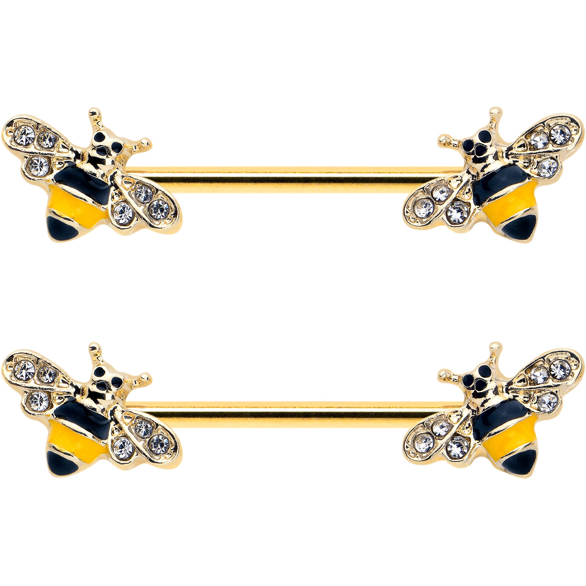 14 Gauge 3/4 Clear CZ Gem Gold Tone Bee Luv Barbell Nipple Ring Set