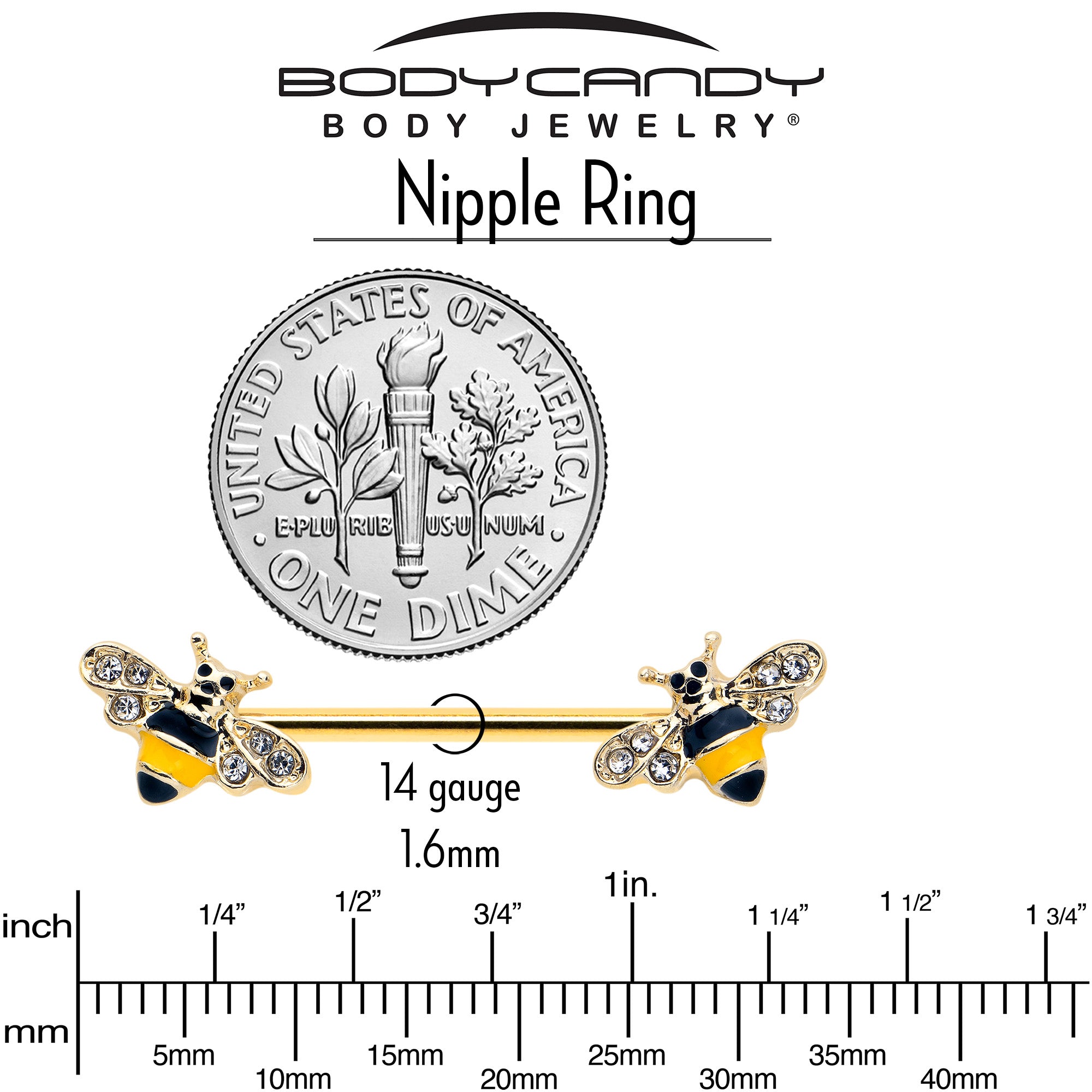 14 Gauge 3/4 Clear CZ Gem Gold Tone Bee Luv Barbell Nipple Ring Set