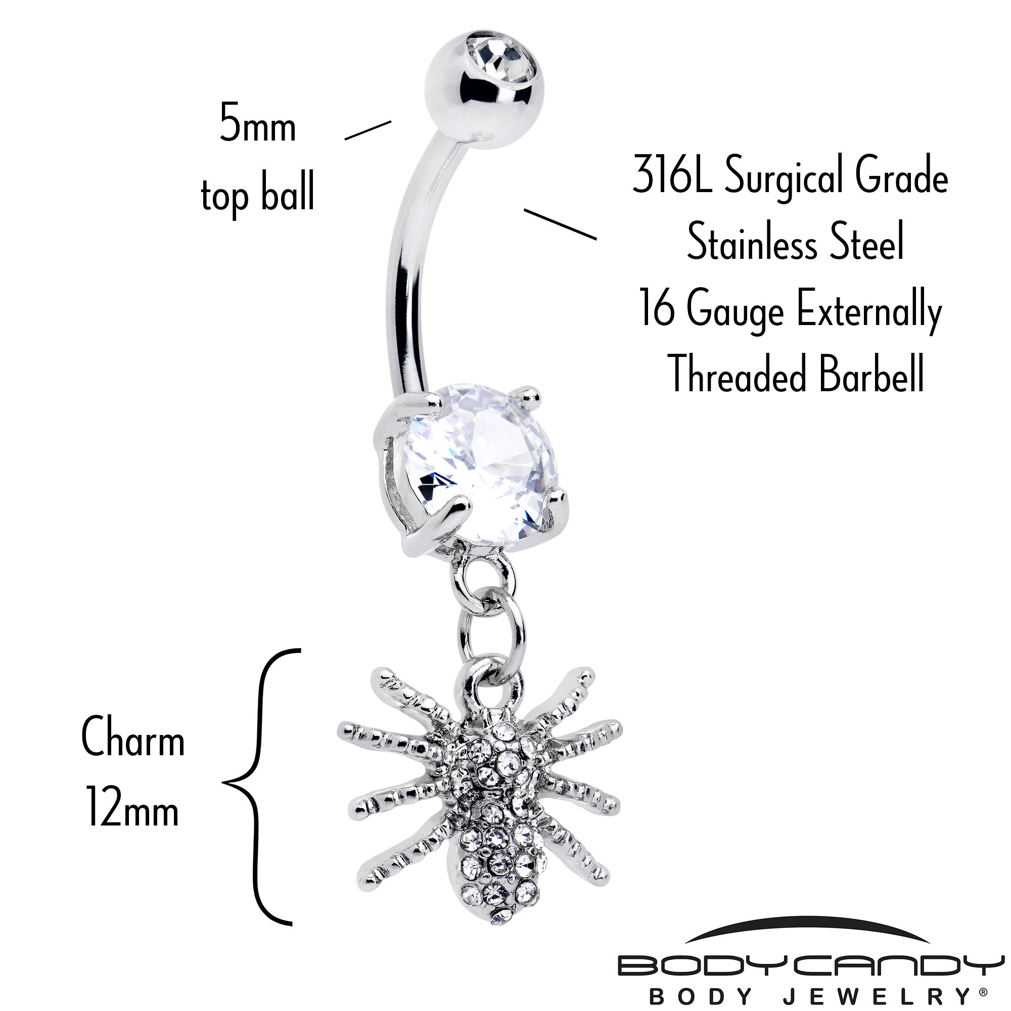 Clear CZ Gem Goth Glam Spider Dangle Belly Ring