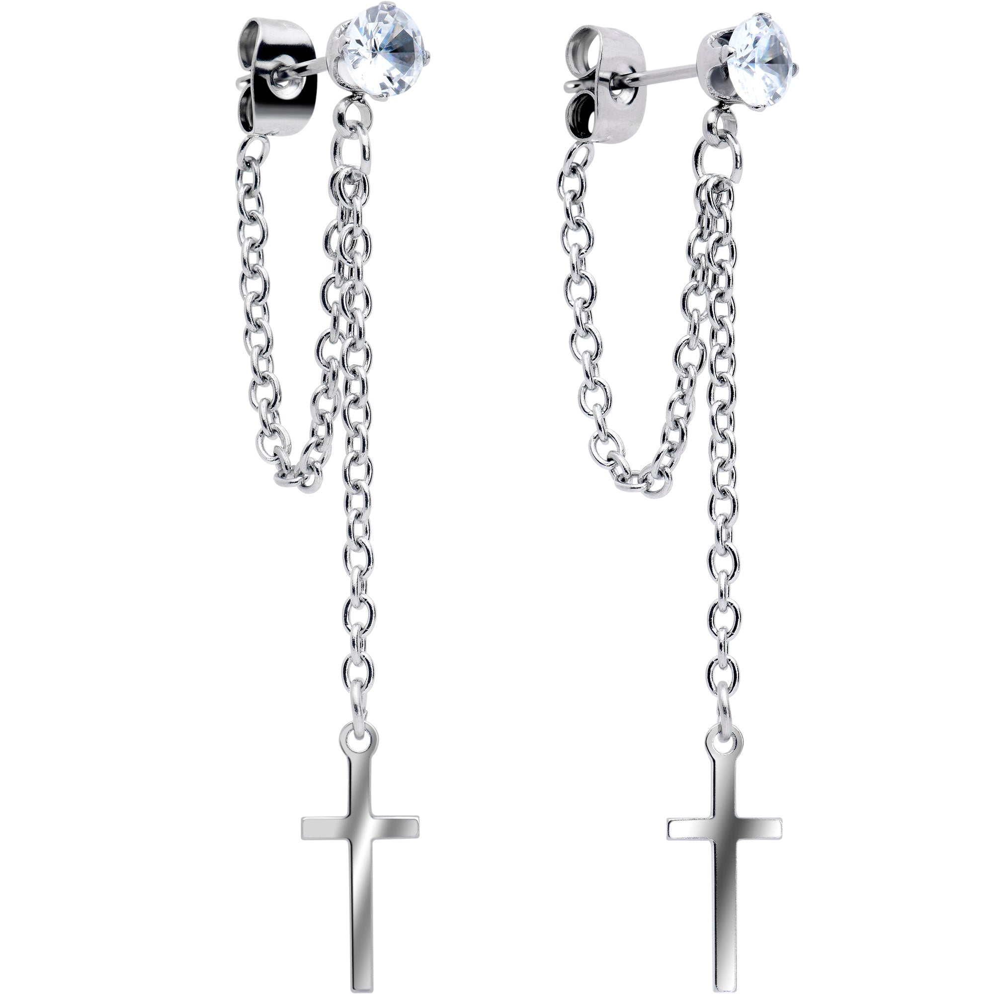 Clear Gem Chain Dangle Cross Stud Earrings