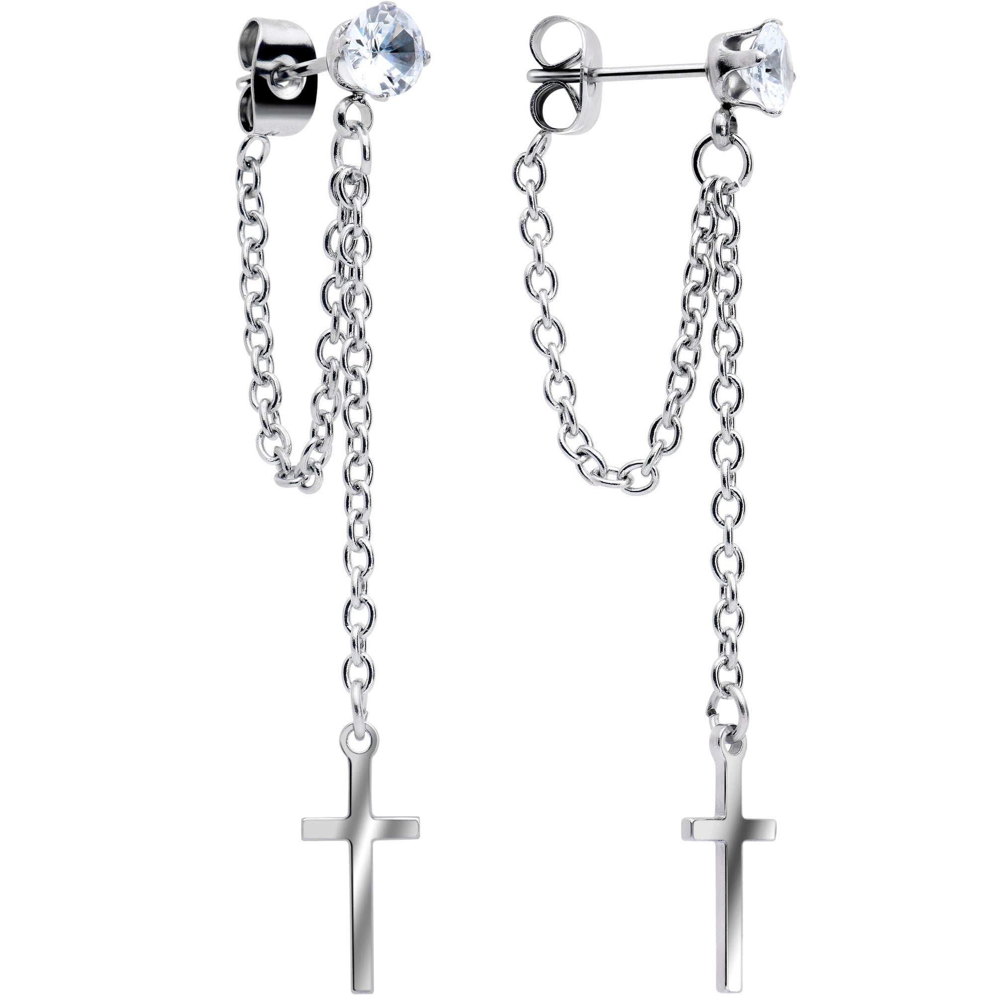 Clear Gem Chain Dangle Cross Stud Earrings