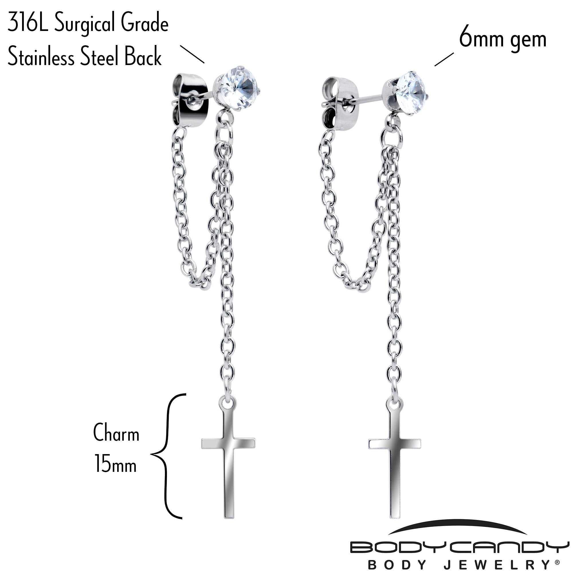 Clear Gem Chain Dangle Cross Stud Earrings