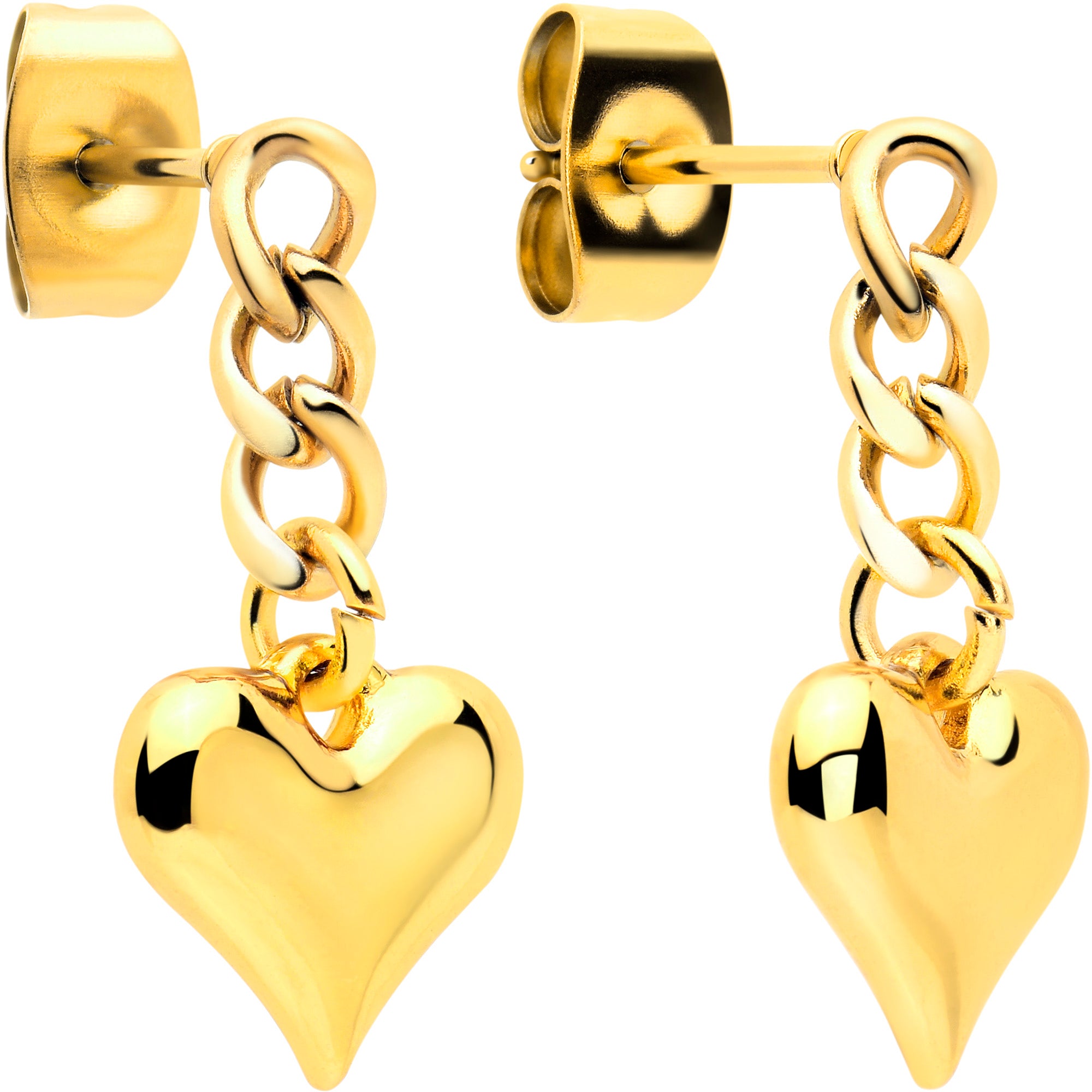 Gold Tone Chain Dangle Heart Stud Earrings