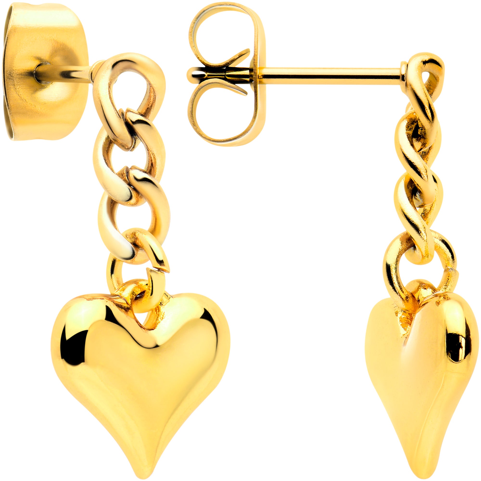 Gold Tone Chain Dangle Heart Stud Earrings