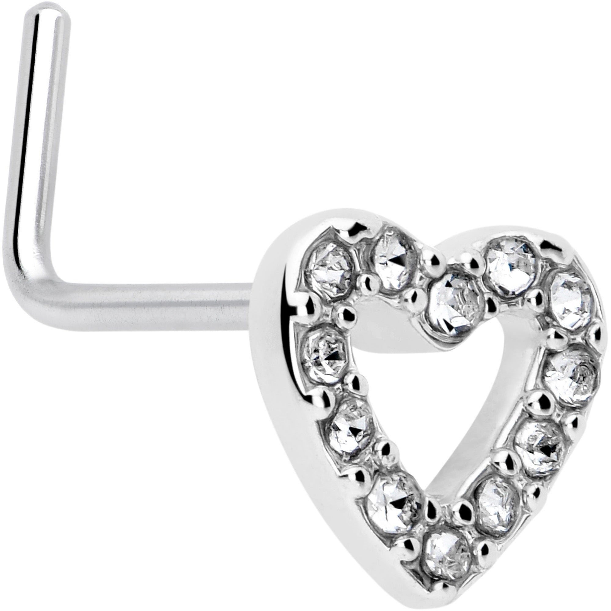 20 Gauge clear gem heart nose ring L shape