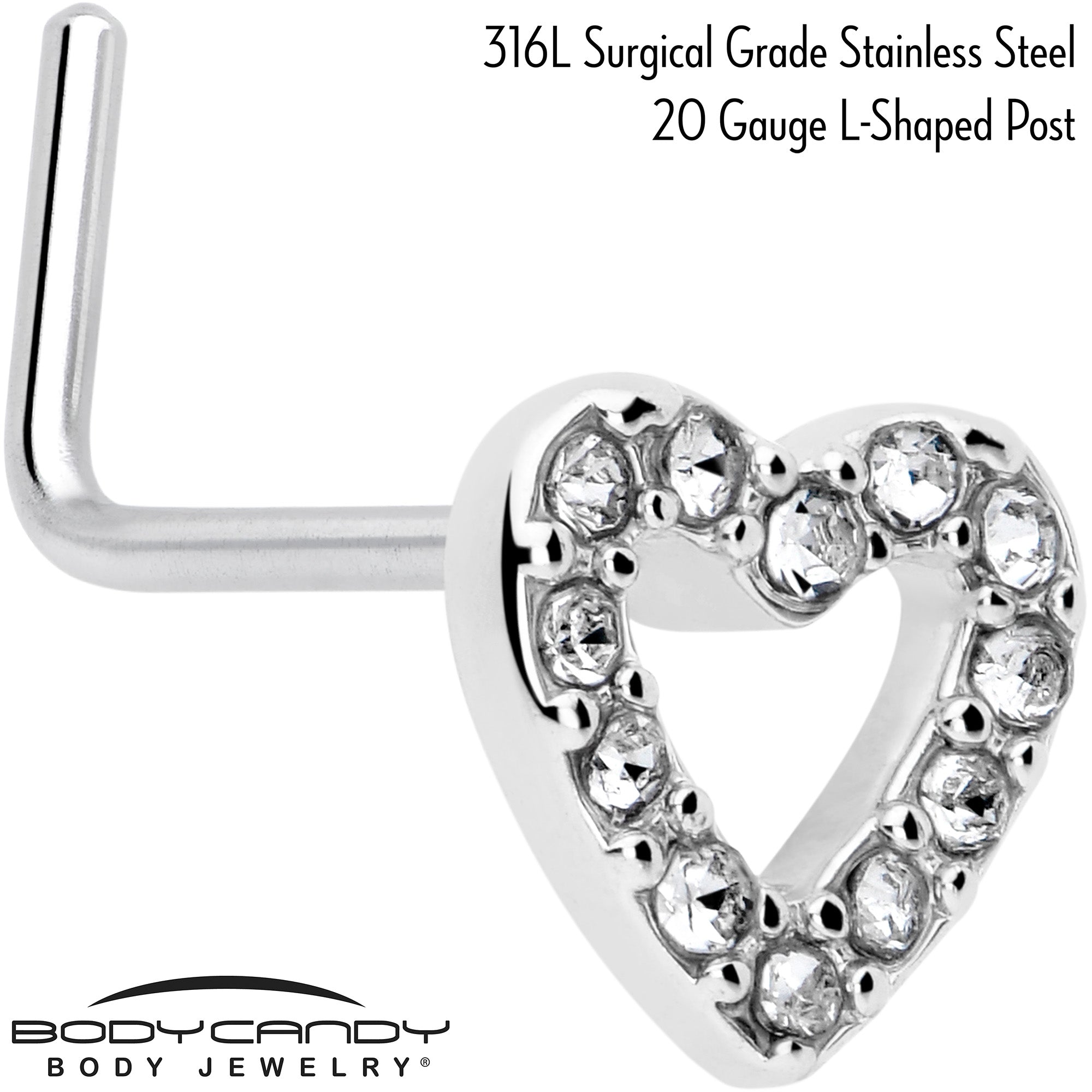 7mm hollow paved heart nose ring with clear gem